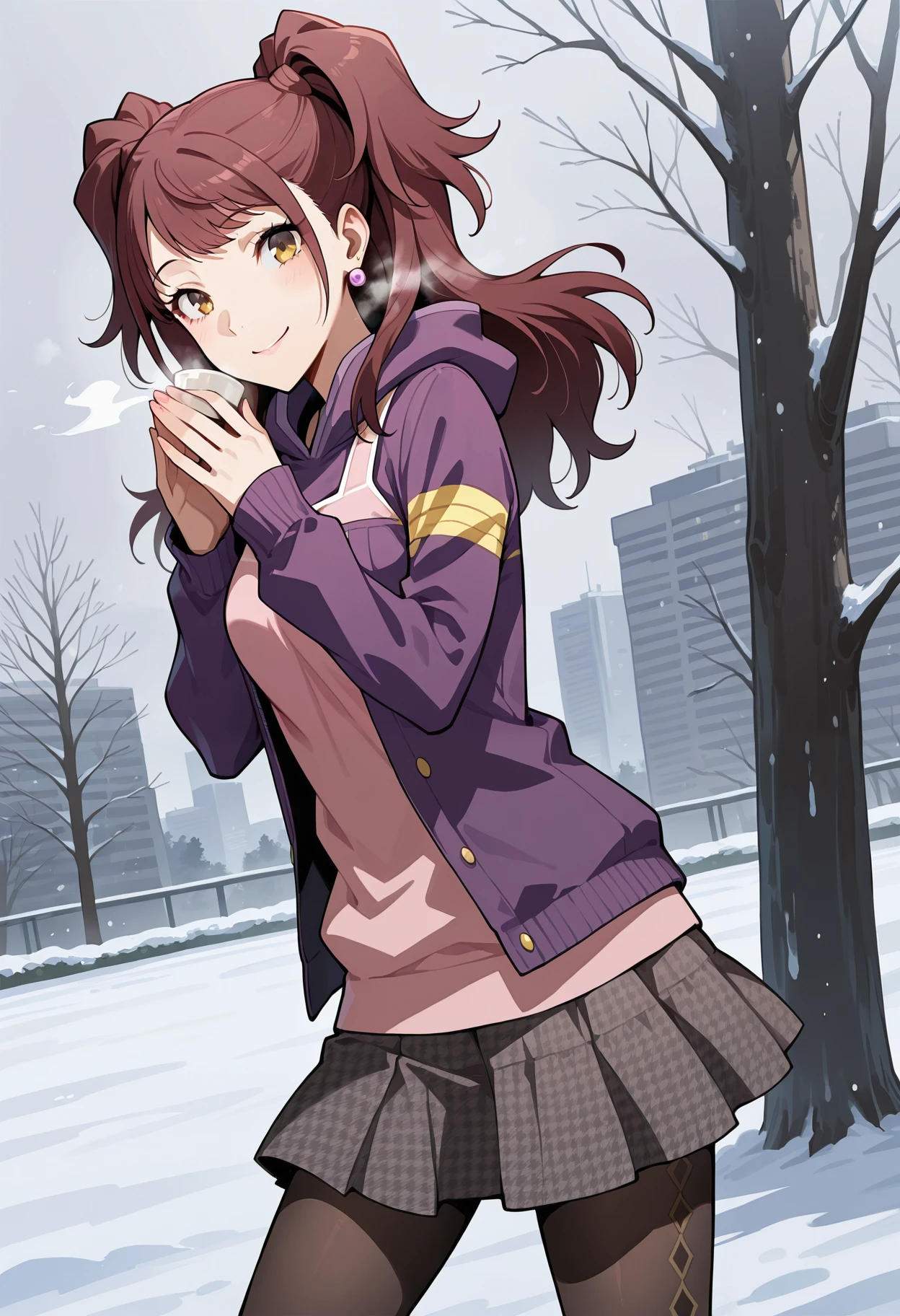 (masterwork, masterpiece, best quality, hyper-detailed),
1 girl, solo,
p4rise, kujikawa rise, long hair, brown hair, earrings
p4rise-wincas, hoodie, purple hoodie, hood, tank top, pink tank top, layered clothes, skirt, pantyhose,
outdoors, cityscape, trees, cold, winter, foggy breath, looking at viewer, smile, side view,