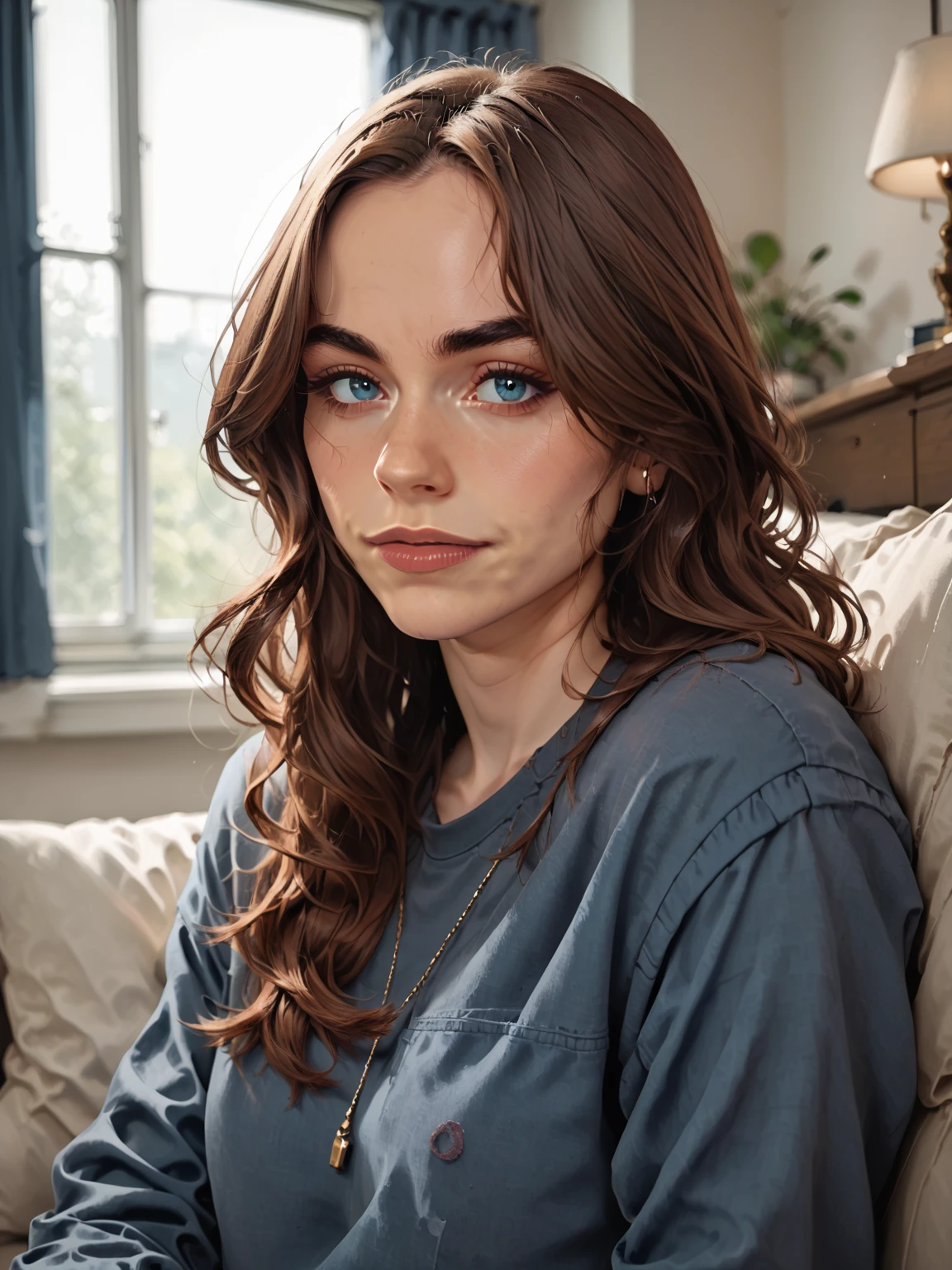 rating_safe, score_9, score_8_up, score_7_up, 1girl, solo, brown hair, blue eyes, <lora:Sarah_Desjardins_-_Pony:1> s_desjardins, t-shirt, sweater