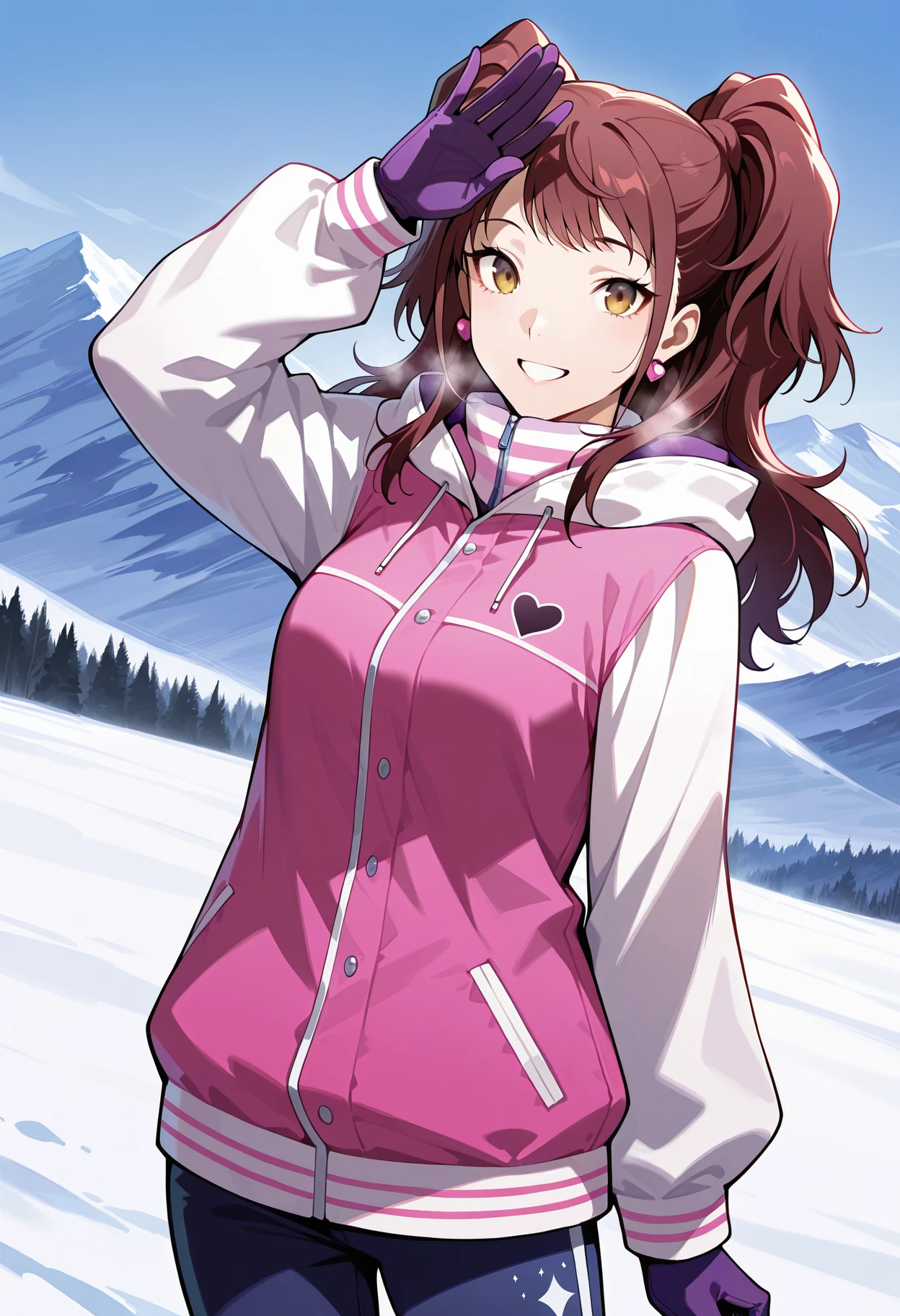 (masterwork, masterpiece, best quality, hyper-detailed),
1 girl, solo,
p4rise, kujikawa rise, long hair, brown hair, earrings
p4rise-ski, jacket, pink jacket, long sleeves, white sleeves, hood, gloves, purple gloves, pants, blue pants, heart \(symbol\),
mountain, snowy, bright, looking at viewer, smile, happy, teeth, standing, waving, hand over head,