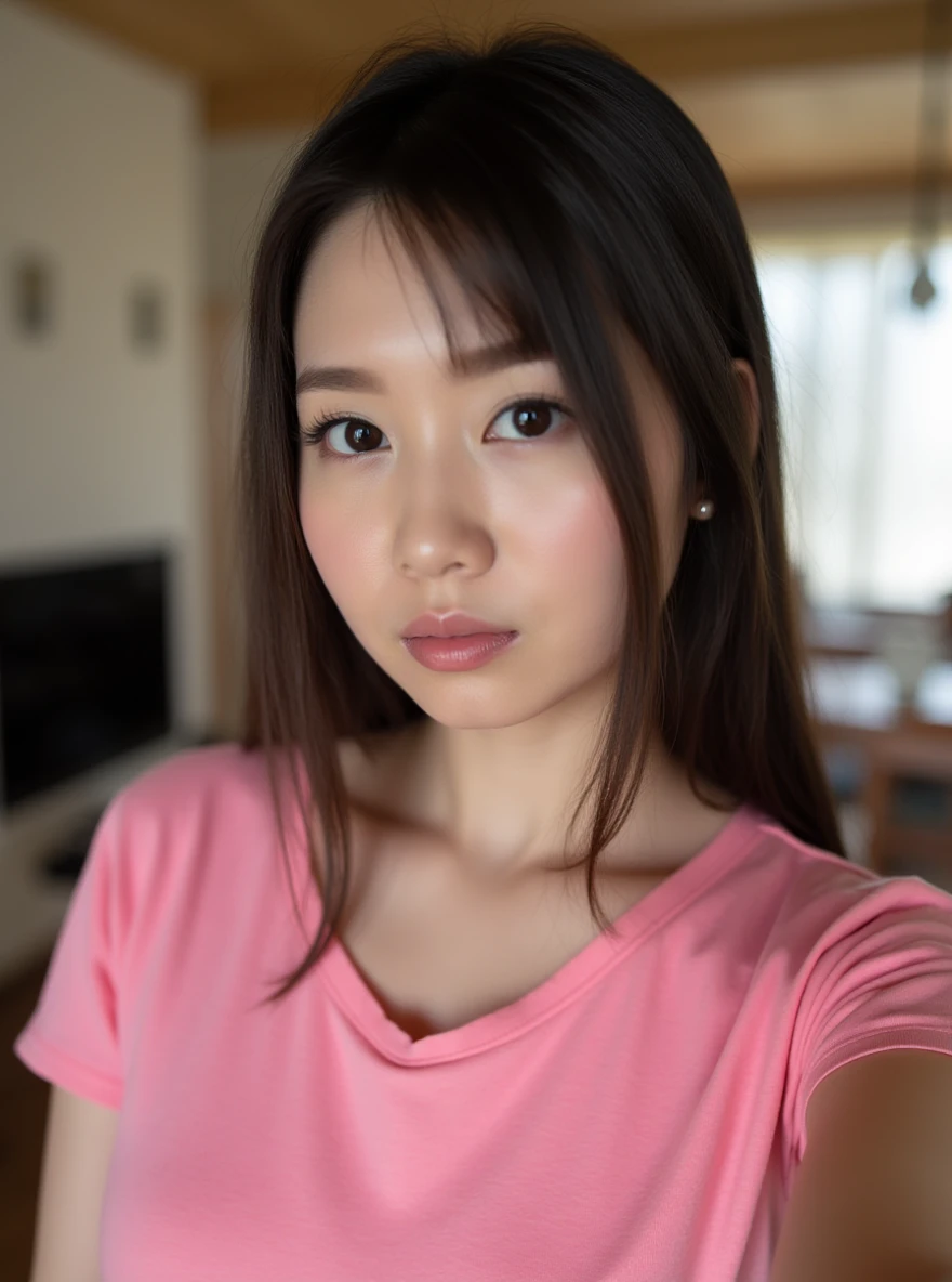 RAW photo of a1k4yum3n0 woman, wearing a pink tshirt, in a living room, detailed face, natural lighting, highly detailed, absurdres