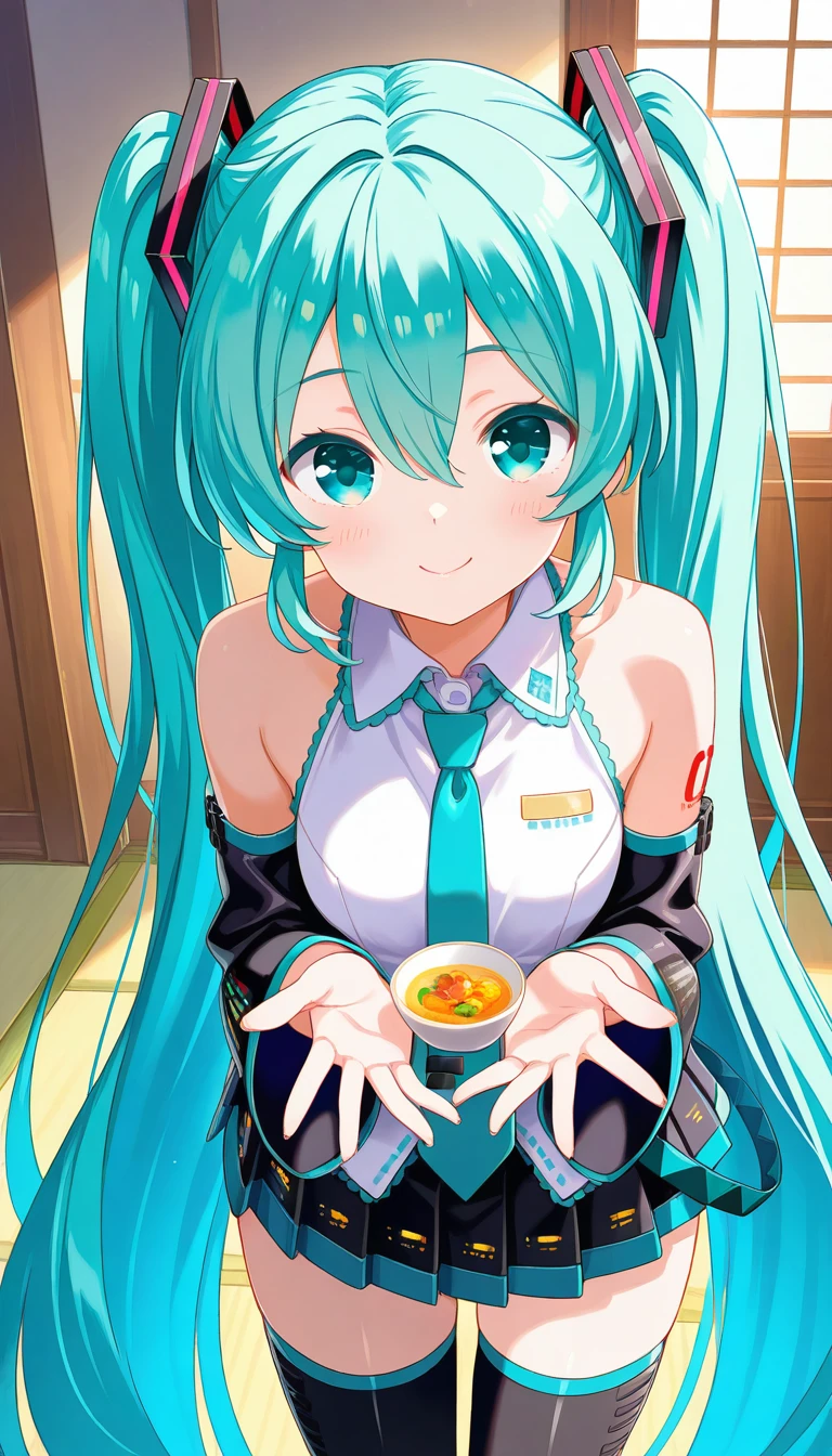 (masterpiece),best quality,amazing quality,very aesthetic,absurdres,newest,perfect body,shiny skin,perfect eyes,detail1eye,well-defined fingers,well-defined fingernails,anime style,indoors,1girl,solo,upper body,(portrait:1.5),looking at viewer,facing viewer,smile,blush,Qp Flapper style,hatsune miku,absurdly long hair,aqua hair,twintails,hair ornament,sidelocks,hair between eyes,parted bangs,aqua eyes,white shirt,collared shirt,bare shoulders,sleeveless shirt,aqua necktie,detached sleeves,black sleeves,shoulder tattoo,fringe,black thighhighs,miniskirt,pleated skirt,zettai ryouiki,thigh boots,<lora:Hatsune Miku(voc)-Illus-Remake:1.6>,<lora:Qp Flapper[style]-Illus:1.6>,