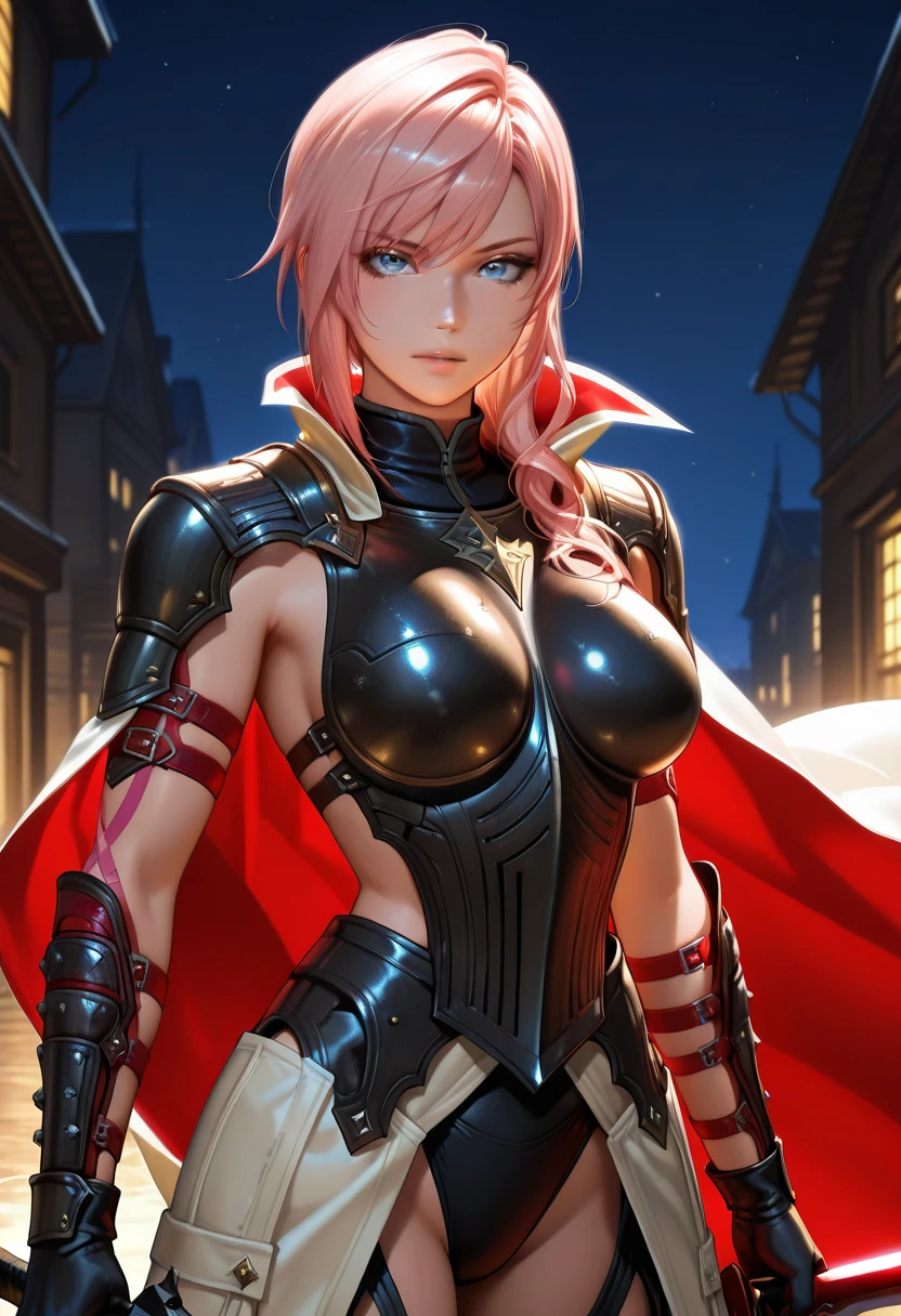 masterpiece, best quality, newest, absurdres, highres , <lora:LightningFFXIIIiLLUSTRIOUS:0.9>, LGHTLR, pink hair, asymmetrical hair, hair over shoulder, blue eyes, collared cape,armor, breastplate, vambraces, arm straps, black gloves, waist cape, black panties, thigh cutout,night, close-up, holding sword, red sword, , looking at viewer, flowing cape, upper body, sword behind back, breasts,
