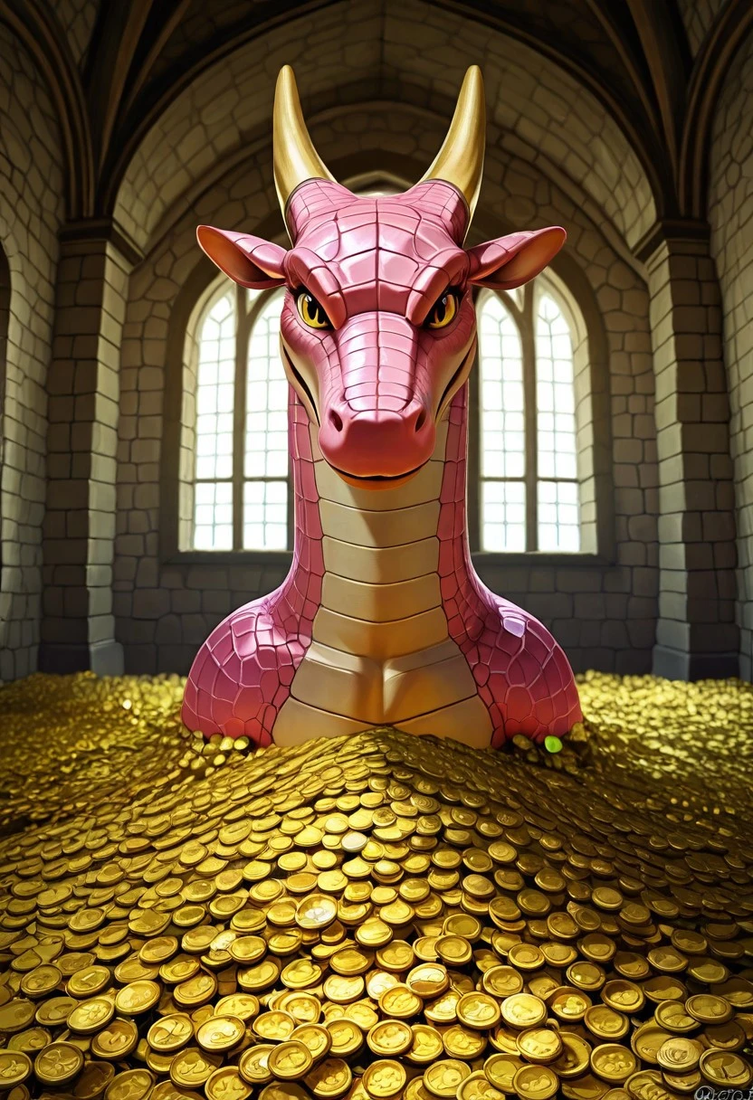 A whimsical scene inside a medieval castle room, a large pink dragon with crocodile skin texture is guarding a massive pile of treasure, gold coins, jewels, and artifacts are scattered around the room, the dragon is curled around the treasure, looking alert and protective, the castle room has stone walls, arched windows, and flickering torches, creating a warm and inviting atmosphere, the lighting is soft and diffused, enhancing the details of the treasure and the dragon, a blend of fantasy and realism, high detail, digital art, masterpiece