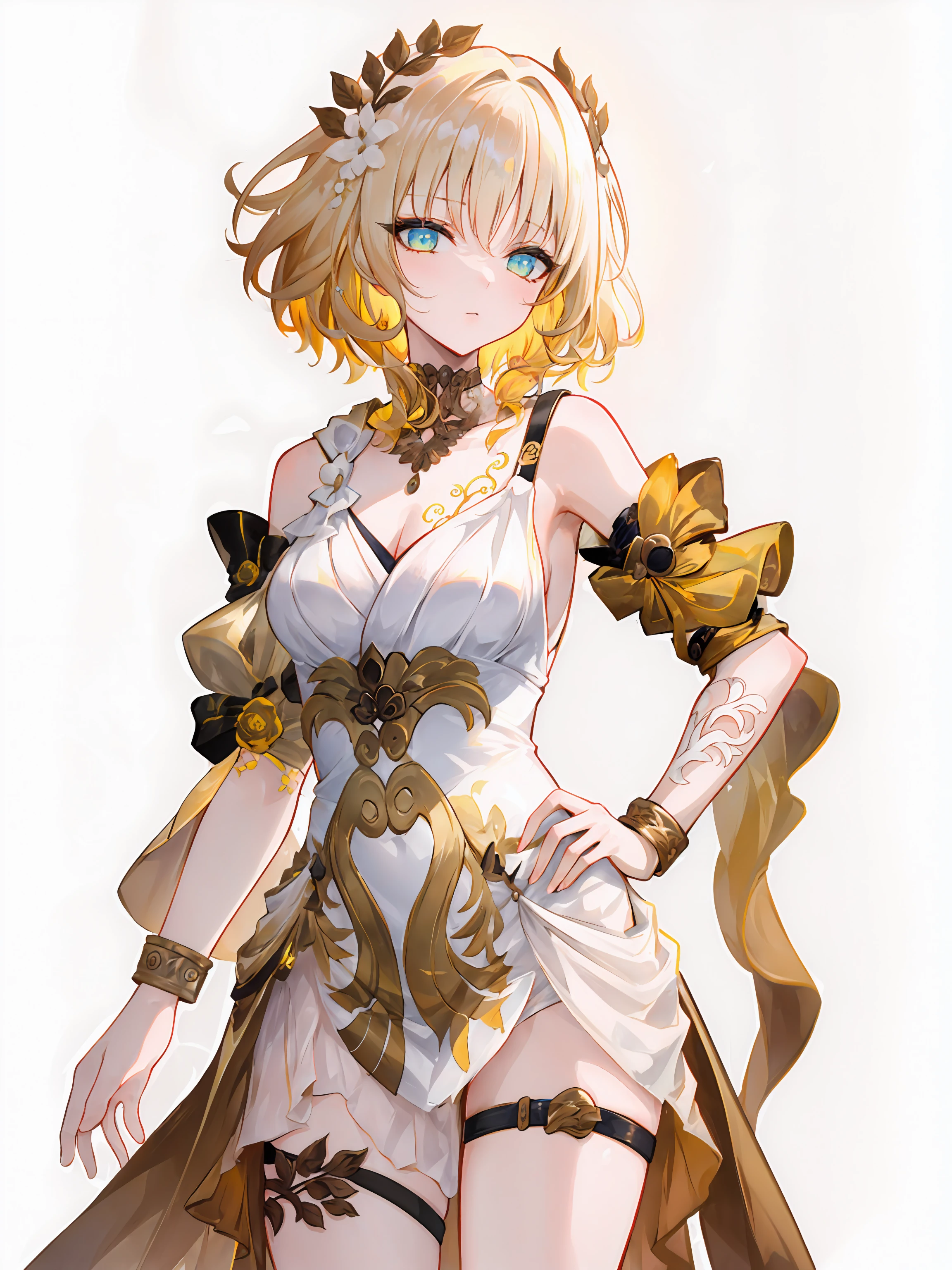 ((masterpiece,best quality)), 1girl, aglaea, laurel crown, necklace, chest tattoo, detached sleeves, bracelet, thigh strap, simple background, cowboy shot, hand on own hip,
