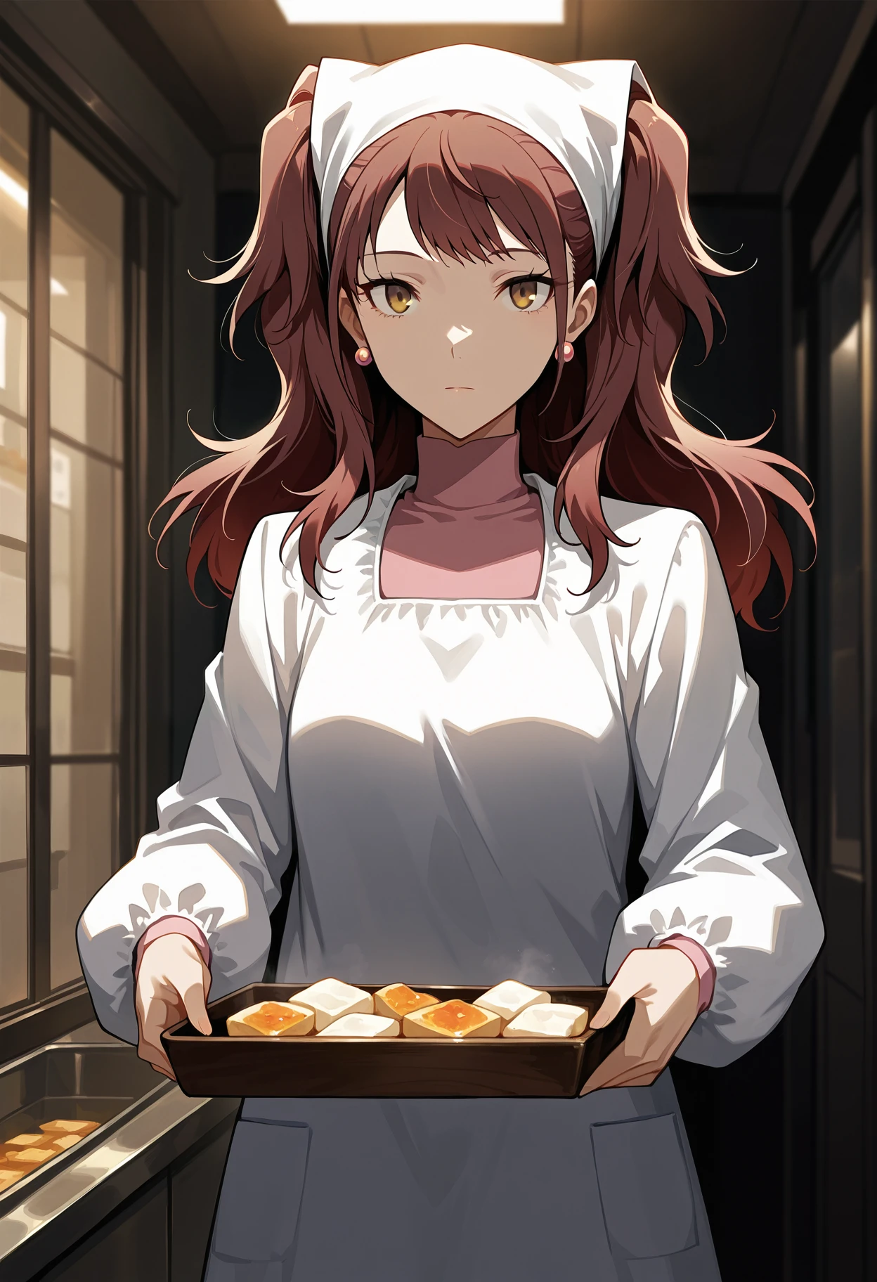 (masterwork, masterpiece, best quality, hyper-detailed),
1 girl, solo,
p4rise, kujikawa rise, long hair, brown hair, earrings
p4rise-tofu, head scarf, kappougi, turtleneck, pink turtleneck, skirt, blue skirt
inside, tofu shop, dark, looking at viewer, expressionless, tired, cowboy shot,