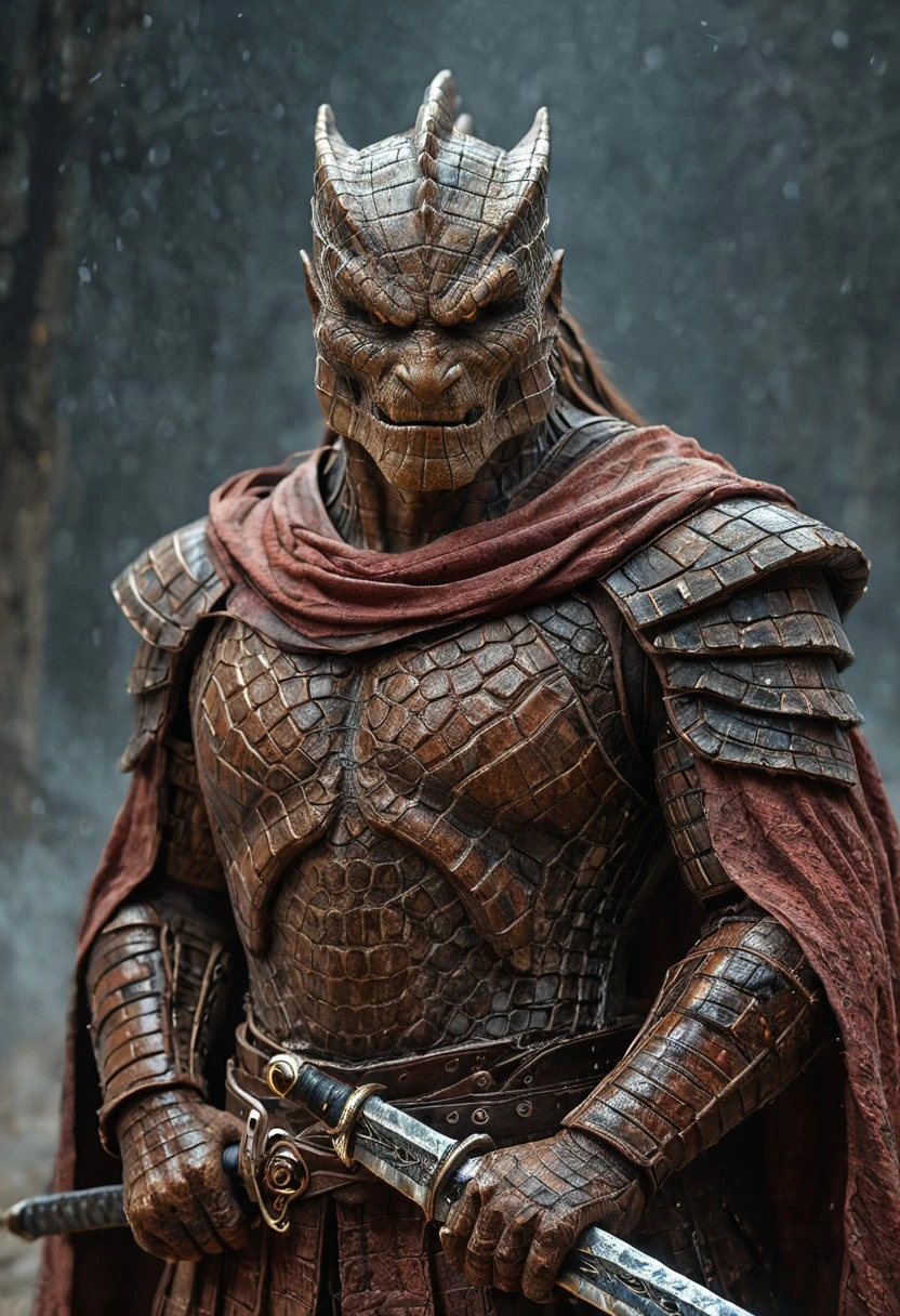 A powerful red humanoid male dragon warrior, his skin is textured like crocodile hide, detailed scales and rugged texture, he wears ornate armor with dragon-scale patterns, wielding a massive sword, his expression is fierce and determined, a dynamic action pose, a fantasy setting with volcanic landscapes, volumetric lighting, high detail, realistic rendering, a blend of beauty and strength, masterpiece, digital art