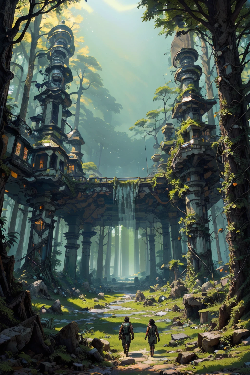 In the heart of a dense jungle, where vines crawl over massive solar-powered machines, a vibrant city thrives. , best quality, double exposure, realistic, whimsical, fantastic, splash art, intricate detailed, hyperdetailed, maximalist style, psychedelic, post-apocalyptic, photorealistic, concept art, sharp focus, harmony, serenity, tranquility, mysterious glow, ambient occlusion, halation, cozy ambient lighting, dynamic lighting ,masterpiece, excellent composition, finest details, highest aesthetics Mechanoid animals roam freely, their bodies overgrown with moss and glowing fungi. The buildings, carved into colossal trees, emit a serene emerald glow, while streams of glowing water run through the city. Above, the sun's rays pierce through the dense canopy, creating dynamic light patterns on the vibrant, tech-integrated landscape. <lora:sd_neosigma2_LoRA:1> , illustration neosigma2 style
