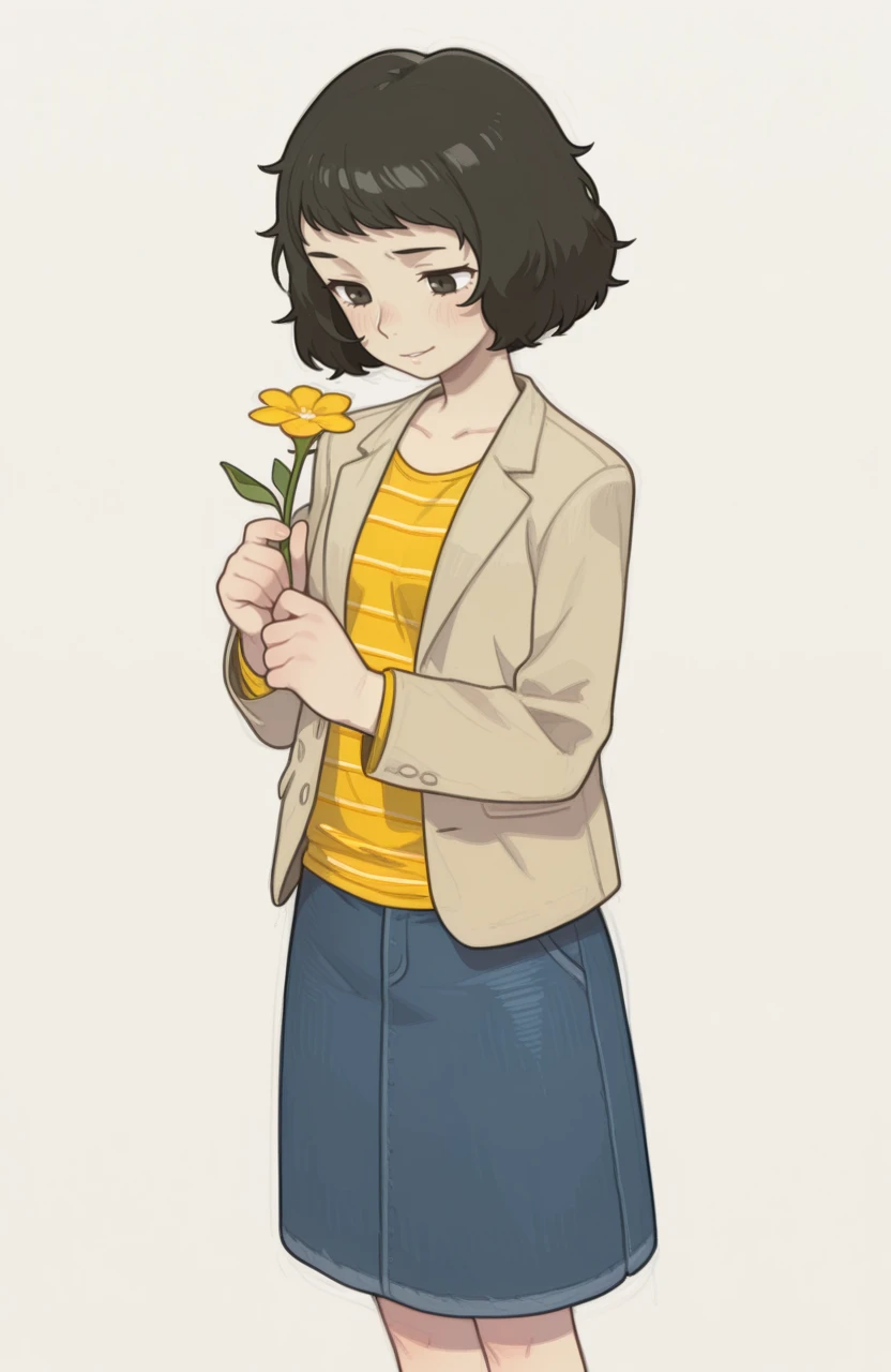masterpiece, best quality, 1girl, solo, simple background,
<lora:PossumMachine_v2:0.9> possmach, traditional media, colored pencil \(medium\), graphite \(medium\),
holding flower, one hand holding, one hand relaxed, looking at flower, eye visible, detailed hands, medium shot, gentle expression,
<lora:p5kawakami-ill:1> p5kawakami, black hair, short hair, p5kawakami-reg, striped yellow shirt, untucked shirt, long sleeves, knee length skirt, denim skirt, p5kawakami-reg, striped yellow shirt, untucked shirt, long sleeves, knee length skirt, denim skirt, beige jacket,
