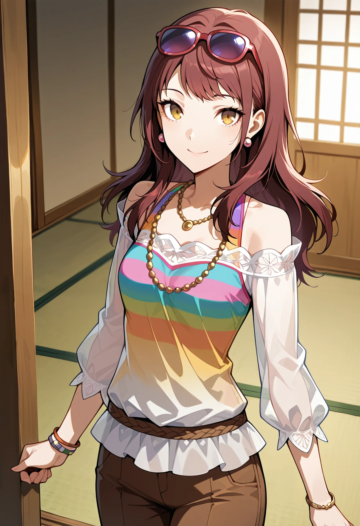 (masterwork, masterpiece, best quality, hyper-detailed),
1 girl, solo,
p4rise, kujikawa rise, long hair, brown hair, earrings
p4rise-timeskip, alternate hairstyle, hair down, eyewear on head, sunglasses, bead necklace, layered clothing, off-shoulder shirt, bare shoulders, see-through shirt, see-through, long sleeves, tank top, rainbow tank top, brown pants, capri pants, bracelet, wristband,
indoors, tatami, standing, cowboy shot, looking at viewer, smile,