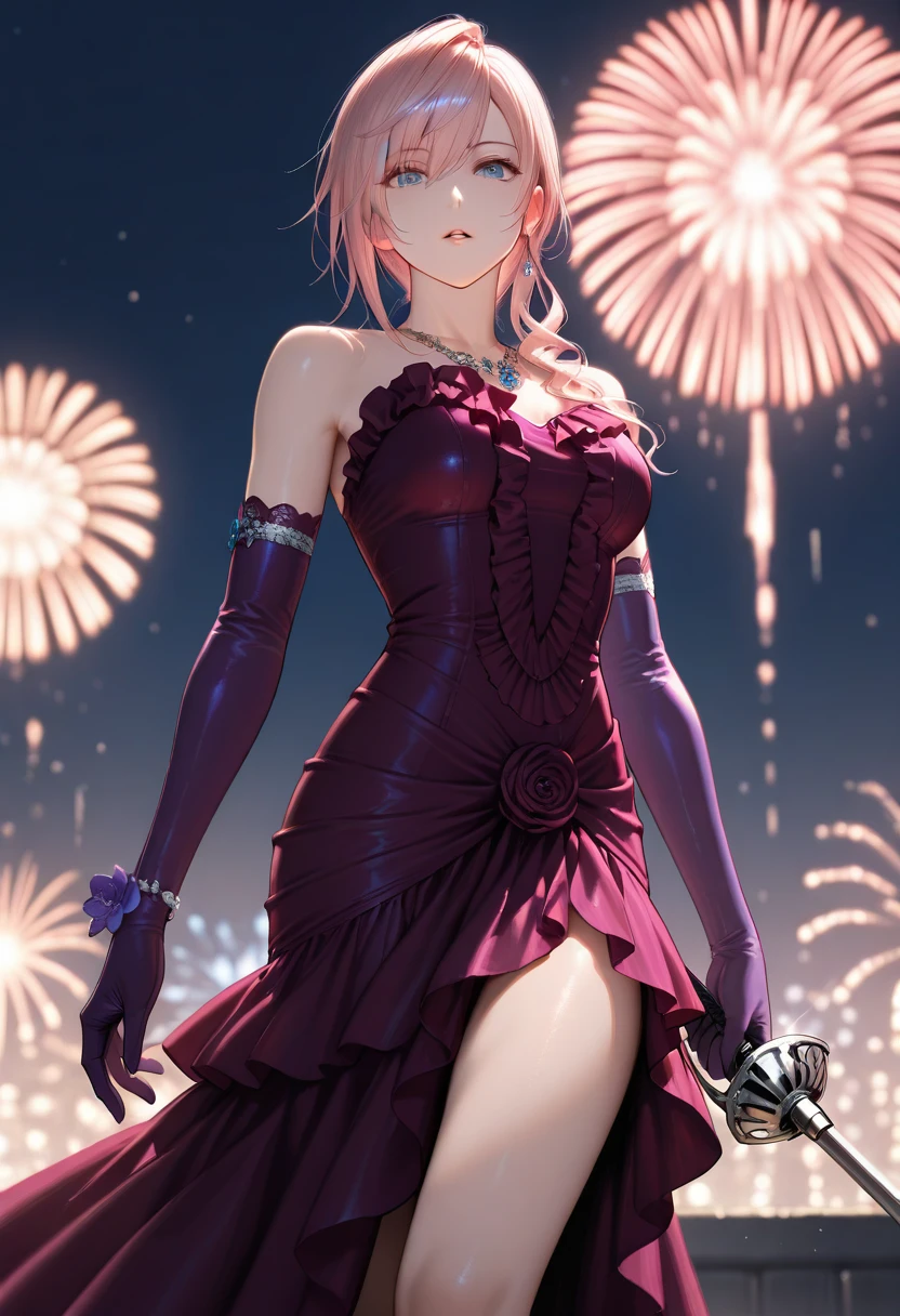 masterpiece, best quality, newest, absurdres, highres , <lora:LightningFFXIIIiLLUSTRIOUS:0.9>,LGHTMM, pink hair,asymmetrical hair, hair over shoulder, blue eyes, purple frilled dress, purple elbow gloves, necklace, flower bracelet, holding weapon, rapier, night, fireworks, 1 girl, solo, looking at viewer, bare legs, parted lips,