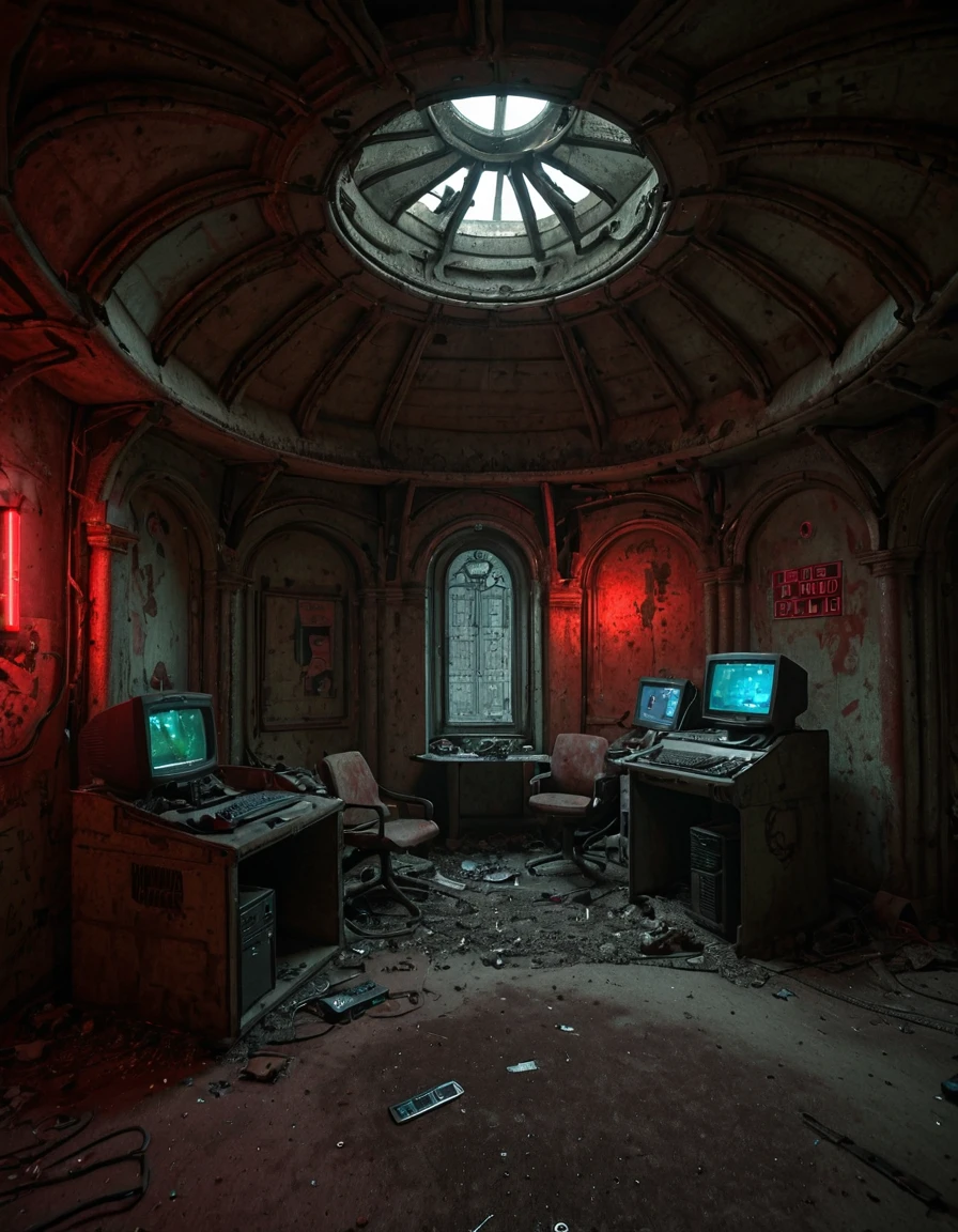 <lora:City_Worlds_02__Lost_-_Opera:1> cw02lost, cyberpunk, abandoned room, computers, medieval, (abandoned church:0.8)n round ceiling,