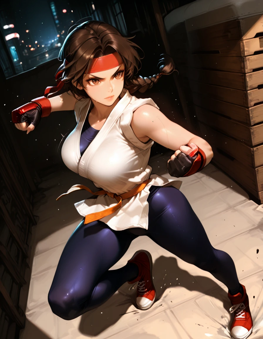 masterpiece, best quality, 1girl, solo, absurdres,
large breasts,
ysakazaki,
brown hair, brown eyes, single braid,
dougi, sneakers, spandex, headband, fingerless gloves,
mature female,
dutch angle, from above , vaulting over an opponent, flipping into a kick, high-speed motion, ,
attack, fighting stance,
city,
glowing, light particles,
blurry background,
embedding:SmoothQuality,