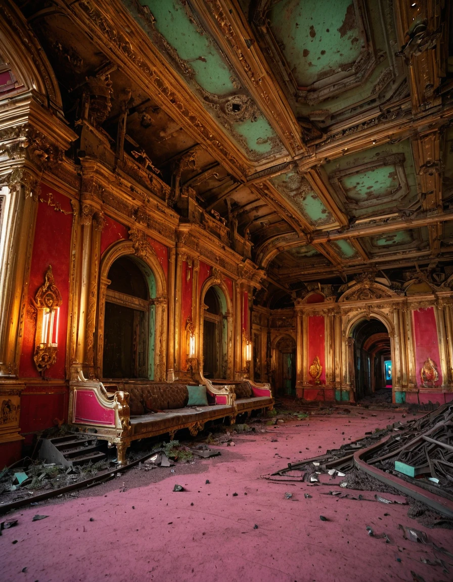 <lora:City_Worlds_02__Lost_-_Opera:1> cw02lost, cyberpunk, abandoned train station, abandoned opera room, gold, baroque, neons, vegetation,