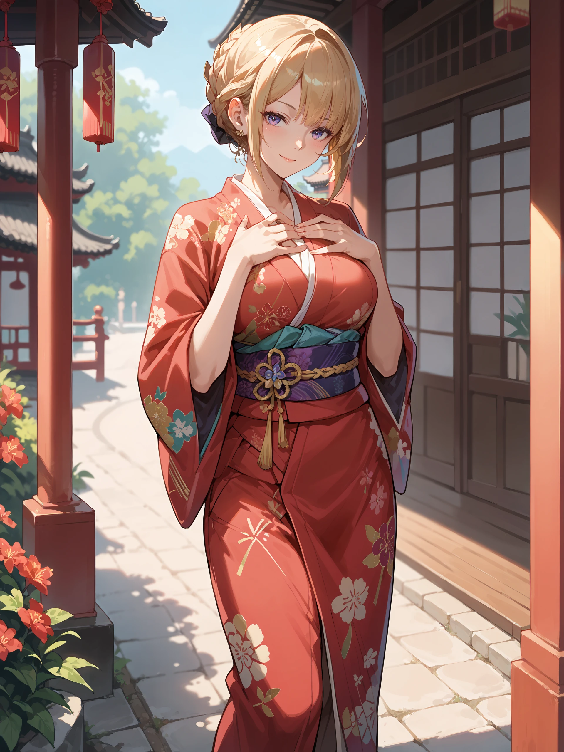 score_9, score_8_up, score_7_up, source_anime, ray tracing, best quality, <lora:Style-Expressive_H-pony:0.8:hr=0.4>, <lora:Char-ZZZ-Evelyn-V1-Pony:0.9:hr=0.6>, 1girl, solo, evelyn chevalier, braided bun, hair up, kimono, obi, sash, tabi, standing, cowboy shot, hands on own chest, light smile, east asian architecture, outdoors, blurry background, masterpiece