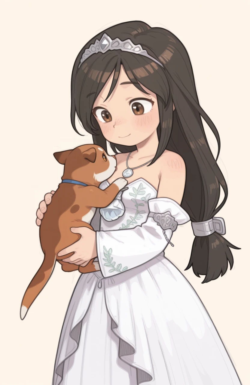 masterpiece, best quality, 1girl, solo, simple background,
<lora:PossumMachine_v2:0.9> possmach, traditional media, colored pencil \(medium\), graphite \(medium\),
holding pet, one hand supporting, one hand petting, looking at pet, eye visible, detailed hands, medium shot, affectionate expression,
<lora:ffgarnet-illu-nvwls-v1_1:1> ffixgarnet, black hair, brown eyes, low-tied long hair, tiara, pendant, strapless dress, white dress, wedding dress, detached sleeves