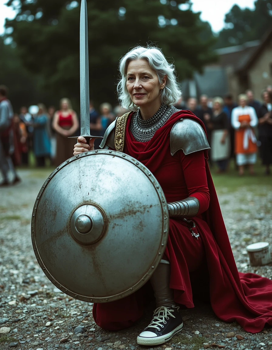 A 35mm analog kodachrome photo, high iso, a your mum, grey hair, armour, converse shoes, holding a sword and shield