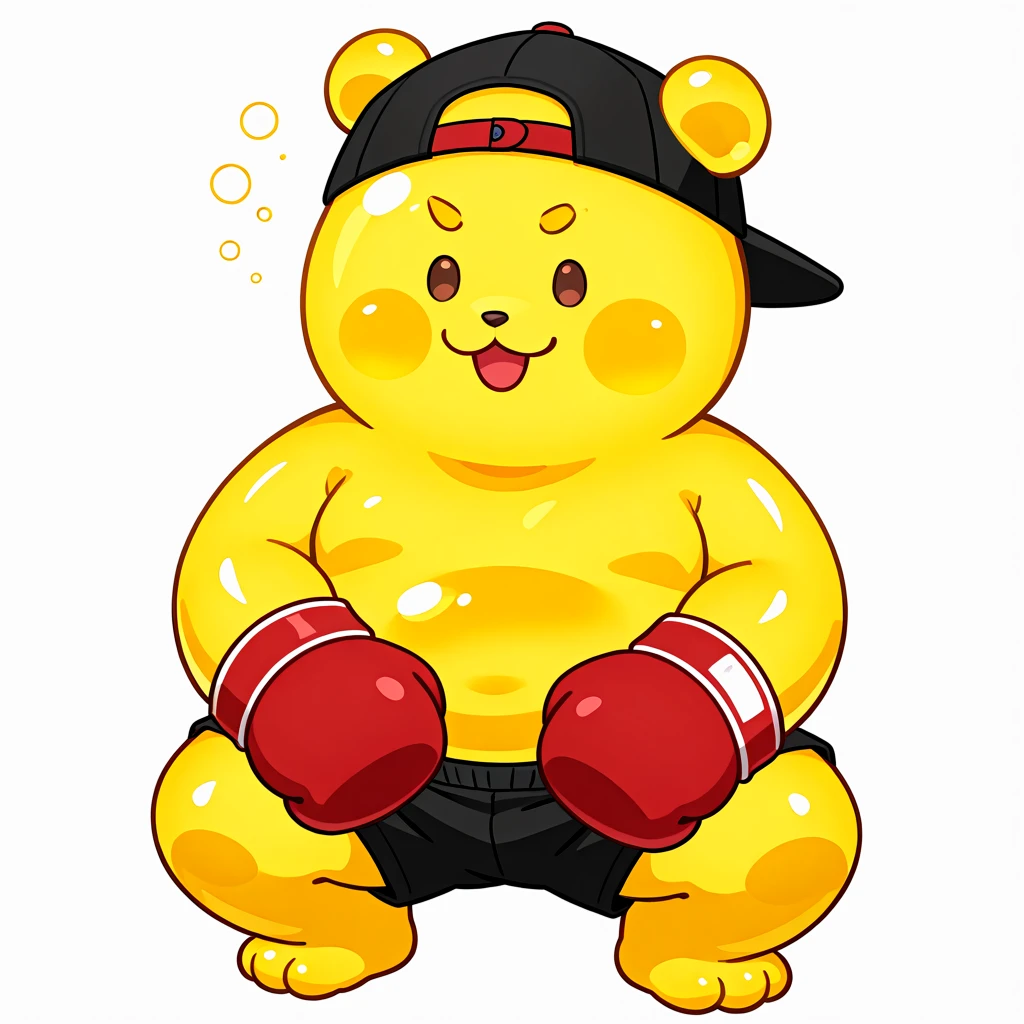 best quality, masterpiece, absurdres, solo, male, anthro, anthro bear, yellow body, sleeping, <lora:Bear-Jellyify:1> ((((bear jelly, yellow body, food creature)))), chibi, standing, cute, open eyes, wearing black shorts thin eyebrows, 1boy, boxer, boxing-gloves, white-background, transparent-background, dot eyes, no eyebrows, squatting, wearing boxing-gloves, wearing backwards baseball cap