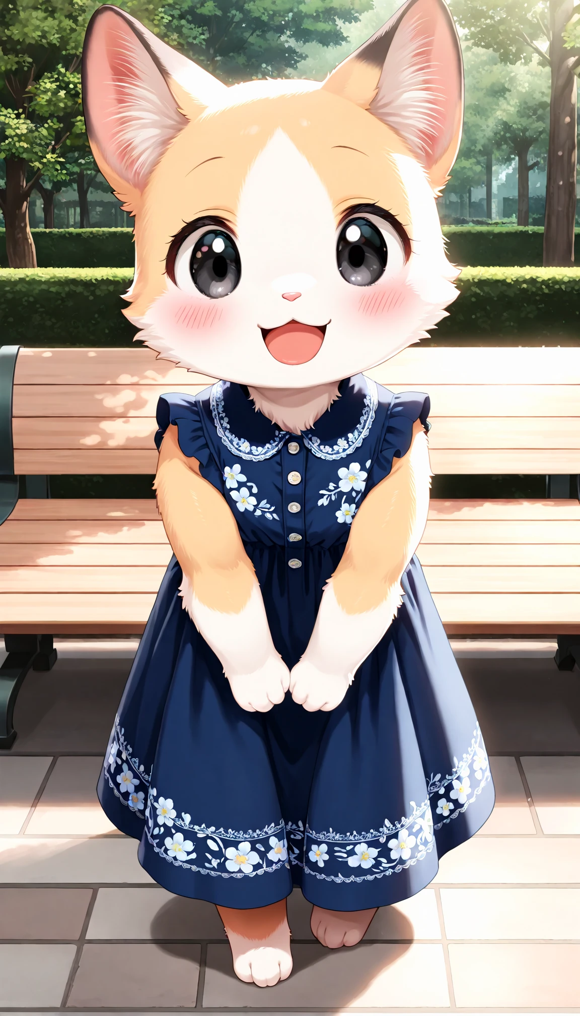 1girl,no humans,open mouth,solo,blush,smile,standing,:3,animal ears,full body,furry,blue dress,dress,black eyes,sleeveless,looking at viewer,:d,clothed animal,animal focus,floral print,shirt,buttons,blue shirt,parody,park bench,