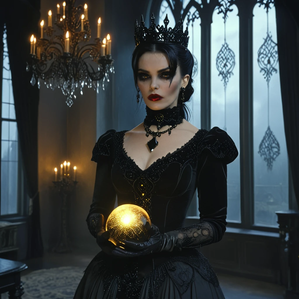 <lora:GothicDarkFantasyMovieSDXL:1> ArsMovieStill, Gothic Dark Fantasy movie still, The image is a portrait of a woman dressed in a dark and eerie outfit. She is standing in a room with a chandelier and a large window in the background. The woman is wearing a black dress with a high neckline and long sleeves and her hair is styled in a dramatic updo with a crown on top. She has dark makeup and red lipstick. In her hands she is holding a large round black crystal ball with intricate designs on it. The ball appears to be glowing with a golden light. The overall mood of the image is dark and mysterious., 1girl, black hair, solo, jewelry, earrings, makeup, gothic, long hair, gloves, dress