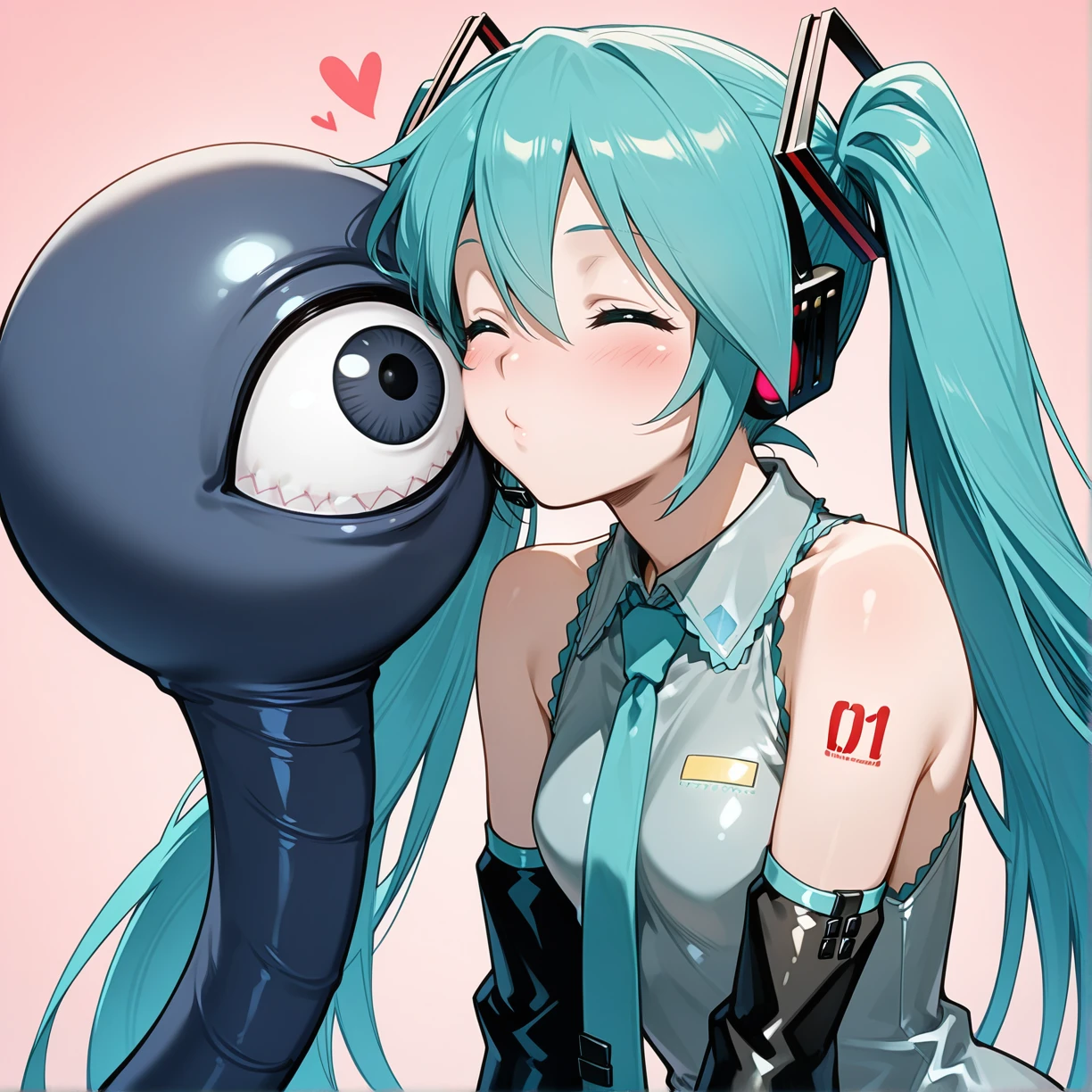masterpiece,best quality,
<lora:kuromaru-V2-IL:1>,kuromaru,monster,one-eyed monster,
1girl,hatsune miku,
kissing cheek,
