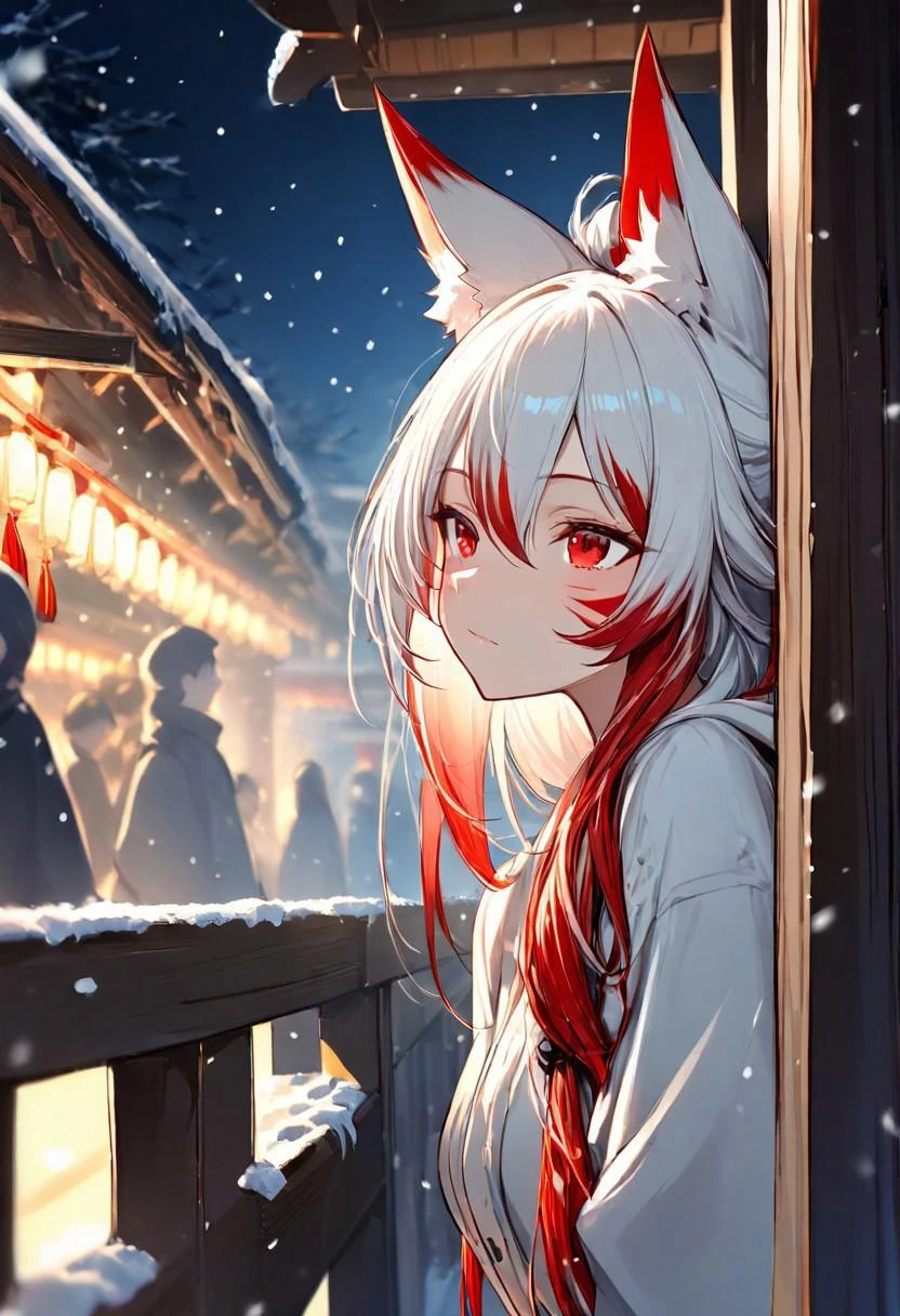1girl,solo focus,fox ears,red eyes,white hair,red hair,long hair,hair between eyes,closed mouth,multicolored hair,whisker markings,upper body,from side,snowing,people,night,bokeh,masterpiece,best quality,high score,great score, peeking out, behind the wooden stand,