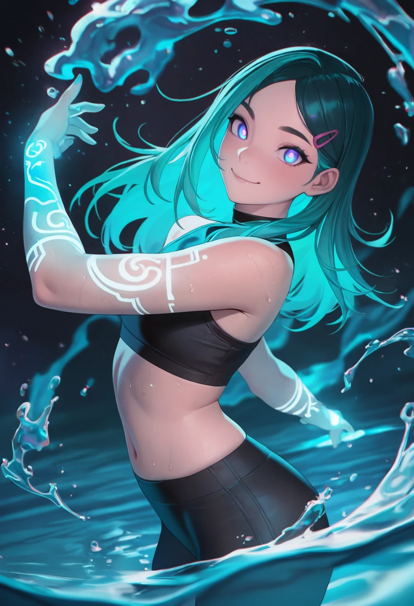 masterpiece, best quality, amazing quality, very aesthetic, high resolution, ultra-detailed, absurdres,

1girl, long hair, medium hair, two-tone hair, aqua hair, purple pupils, hairclip, floating water, particles, tattoos on arms, glowing tattoos, glowing pupils, smile,