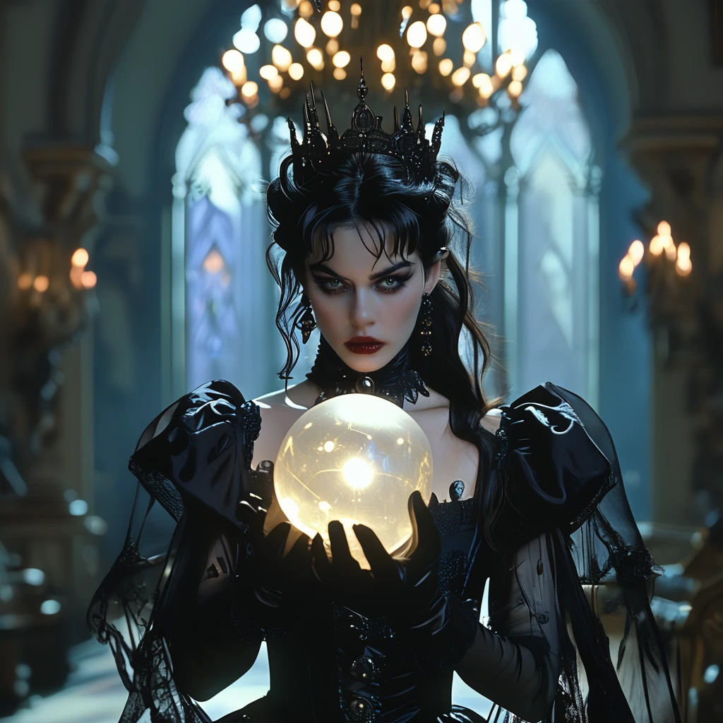 Score_9, score_8_up, score_7_up, score_6_up, BREAK <lora:GothicDarkFantasyMoviePony:1> ArsMovieStill, Gothic Dark Fantasy movie still, The image is a portrait of a woman dressed in a dark and eerie outfit. She is standing in a room with a chandelier and a large window in the background. The woman is wearing a black dress with a high neckline and long sleeves and her hair is styled in a dramatic updo with a crown on top. She has dark makeup and red lipstick. In her hands she is holding a large round black crystal ball with intricate designs on it. The ball appears to be glowing with a golden light. The overall mood of the image is dark and mysterious., 1girl, black hair, solo, jewelry, earrings, makeup, gothic, long hair, gloves, dress