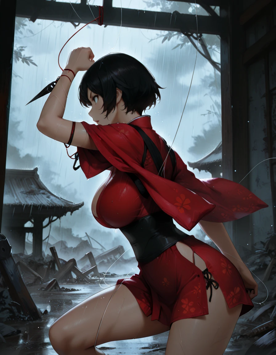 masterpiece, best quality, 1girl, solo, absurdres,
large breasts,
kurenaidg,
short hair, black hair,
red kimono, short kimono,
string, kunai,
attack, fighting stance,
swinging a blade downward with explosive force, , from side ,
ruins, asian architecture, rain,
glowing, light particles,
blurry background,
embedding:SmoothQuality,