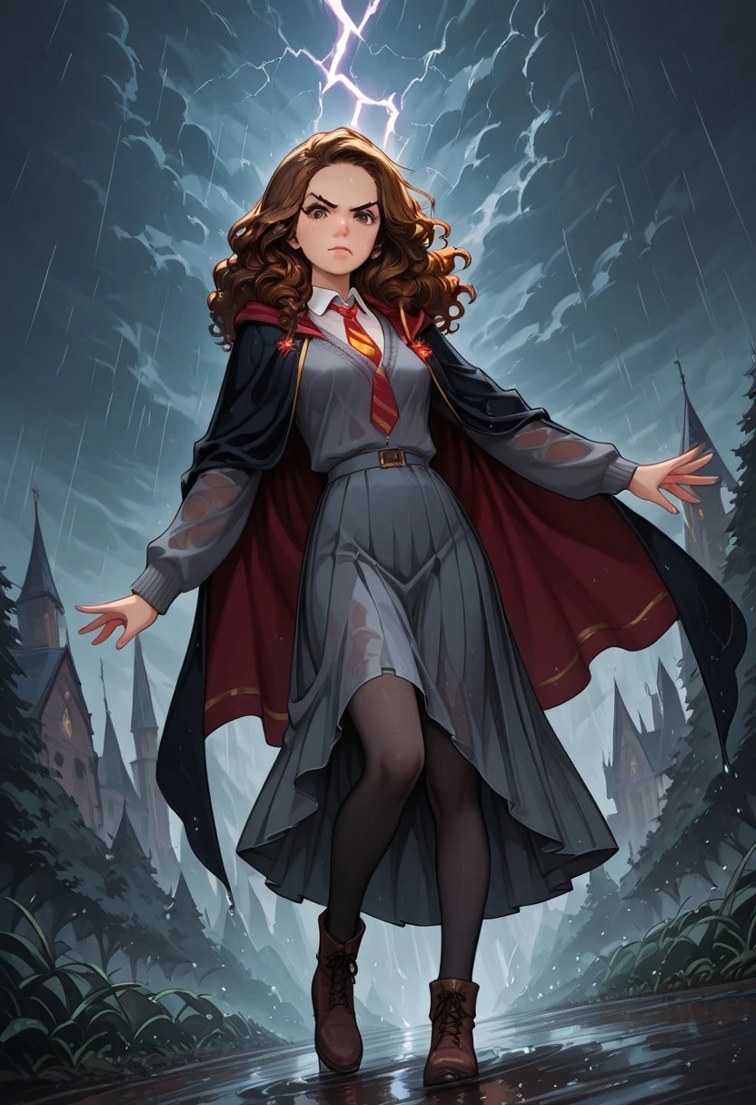 score_9, score_8_up, score_7_up, dynamic view, eye_focus, solo, looking_at_viewer,
( Hermione Granger,
1girl, solo, brown hair, long hair, brown eyes, curly hair, small breasts,
gryffindor uniform, gryffindor emblem, hogwarts school uniform, cardigan, collared shirt, pleated grey skirt, Red with Yellow diagonal stripes tie, Black Tights, Black Knee High Socks),
outdoors, storm, (rain:1.2), cloudy sky, dark clouds, lightning, wind, spread arms, outstretched arms, full body, dutch angle, purple eyes, cleavage, black dress, boots, scenery, mountainous horizon, wet clothes, wet, wet hair, looking at viewer, long dress, black cloak, wet dress, see-through dress, v-shaped eyebrows, closed mouth