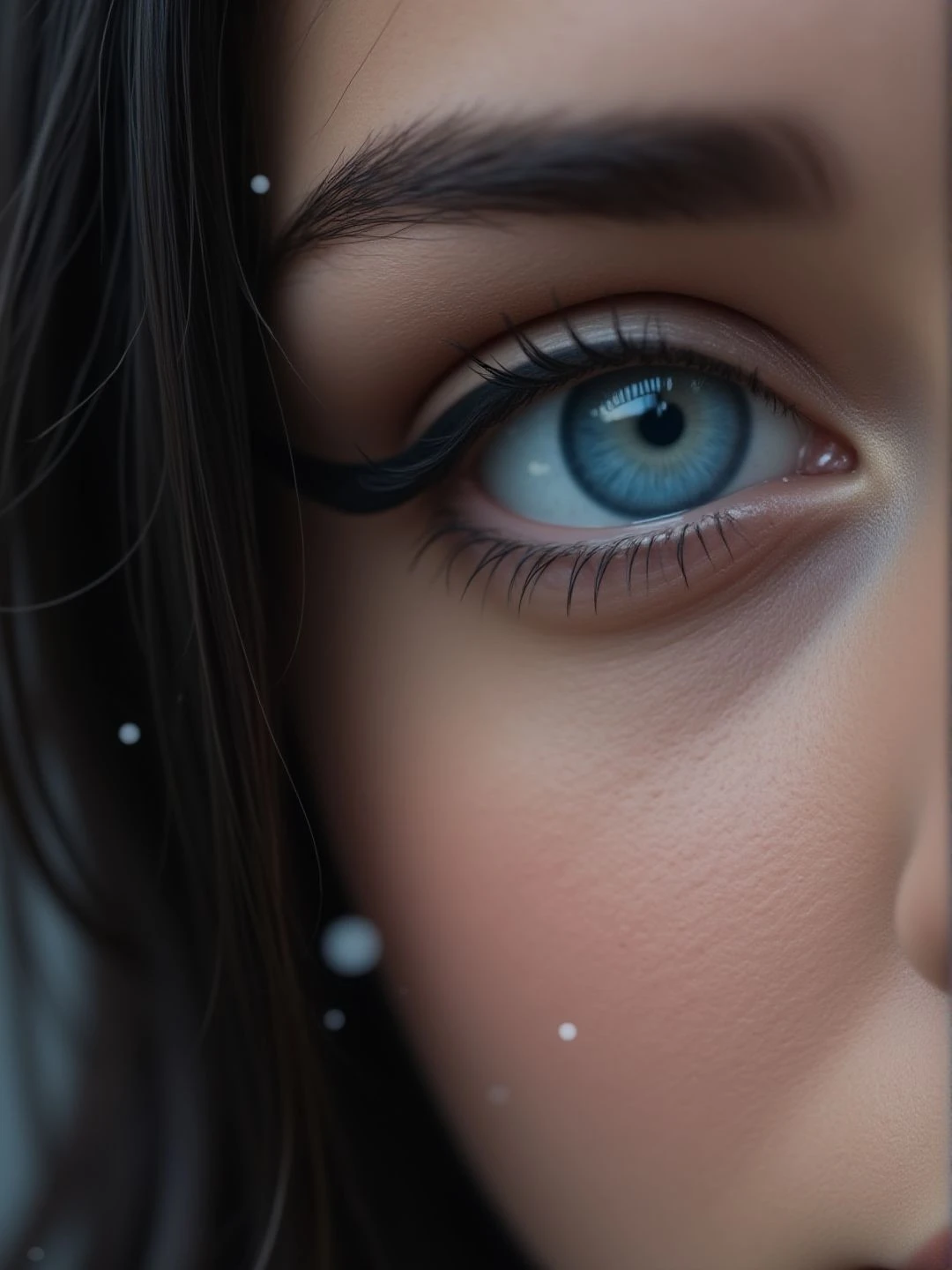 Sharp image, 4K, close shot of a young woman eye. Eyeliner. There is a black wall behind her and magical floating particles., <lora:woomy-1-flux:1> blue eyes, black hair,
