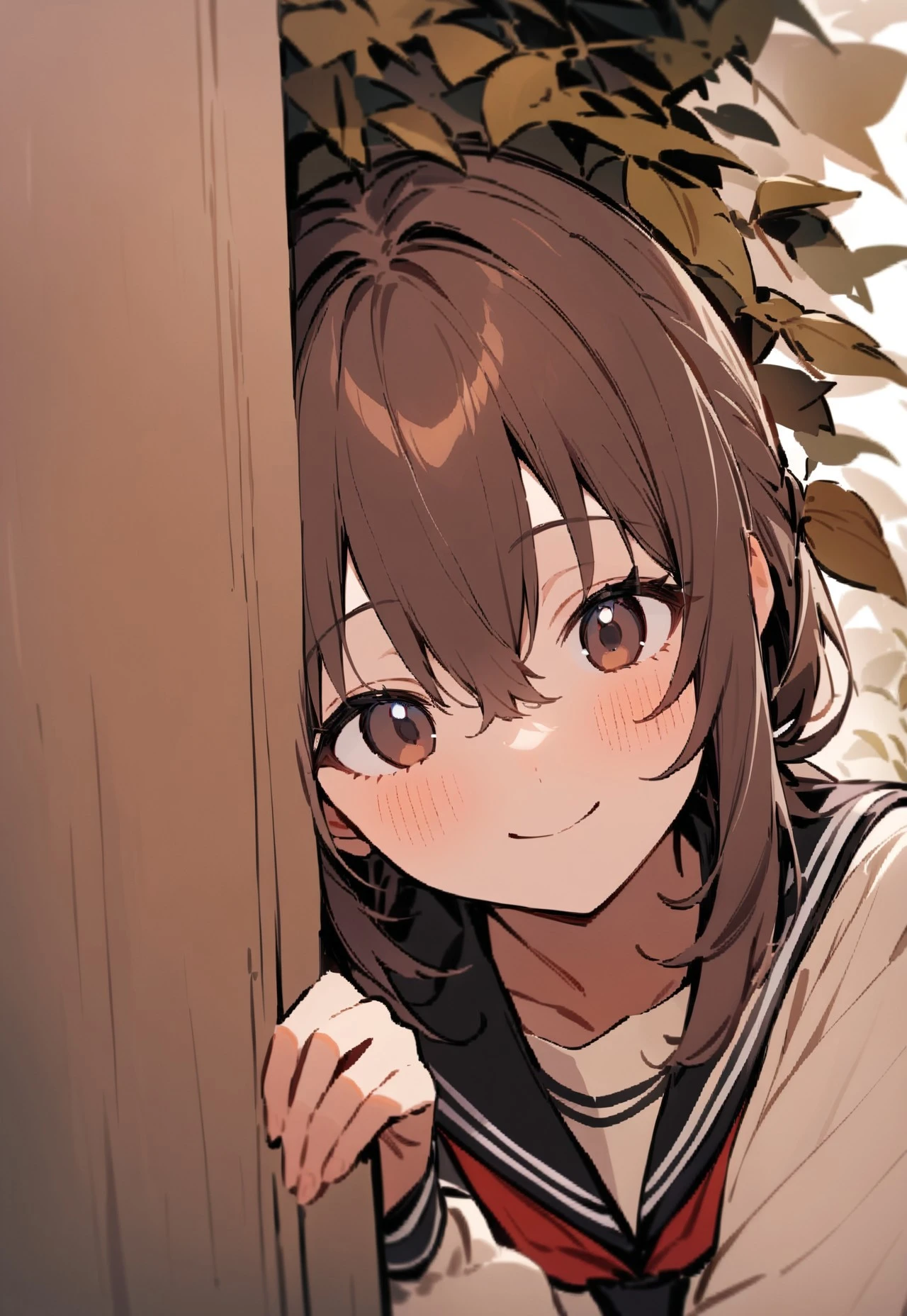 masterpiece, best quality, highres, 1girl smile, serafuku, peeking out upper body <lora:peeking_out_upper_body_pruned:1.4> leaves, flowers