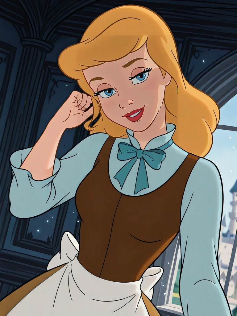 (official style:1.1), screencap, blurry background
1girl, medium breasts, (CinderellaXL:1.1), blonde hair, long hair, bow, blue eyes, makeup, red lips, brown dress, waist apron, long sleeves, shirt,
light smile, dutch angle, naughty pose, happy, looking at viewer, indoors, balcony, castle furniture, light particles, daylight, portrait, dynamic pose, cowboy shot, one hand on hair, head tilt, light particles,,
<lora:Cinderella-IL:1>
