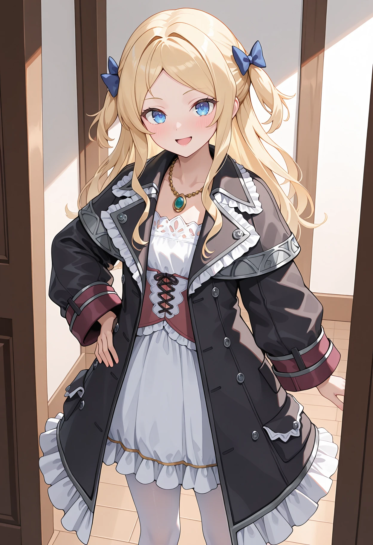 highres, best quality, masterpiece, indoors,
1girl, solo, atcuderia, long hair, blonde hair, hair bow, two-side up, blue bow,
acudrdef, necklace, white dress, red corset, black coat, open coat, white pantyhose,
looking at viewer, blush, smile, open mouth,
standing, hand on own hip,
<lora:_cuderia_atelier-elesico-il10-000013:1>