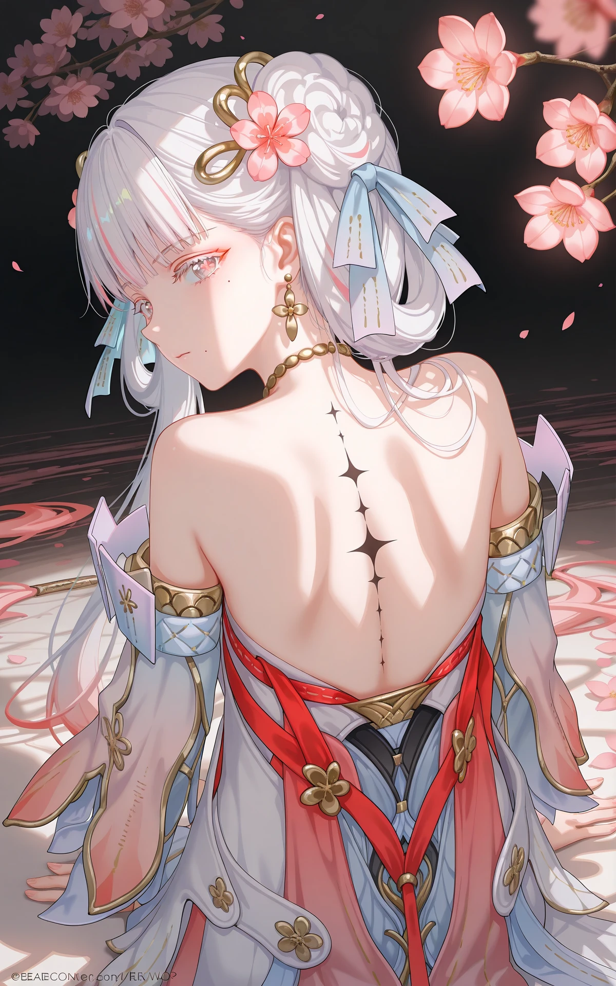 <lora:xl-ill-jinhsi_TYZZ(wuthering waves)v1-000010:1>,8k,best quality,masterpiece,(ultra-detailed),(high detailed skin),((artist:reoen),(artist:fuzichoco),(artist:atdan),(artist:torino_aqua),year 2024:0.8),[artist:wlop],[artist:ningen_mame],artist:ciloranko,[[artist:rhasta]],artist:tidsean,colorful,
jinhsi:TaoYaoZhuoZhuo\(wuthering waves\),1girl,solo,streaked hair,hair ornament,peach blossom pupils,multicolored hair,looking at viewer,flower,virtual youtuber,detached sleeves,from behind,hair flower,looking back,bare shoulders,long hair,back,eyeshadow,makeup,back focus,mole,jewelry,hair bun,mole under eye,pink hair,grey hair,black background,closed mouth,sitting,back tattoo,bare back,earrings,japanese clothes,white hair,eyeliner,blush,backless outfit,red eyeshadow,pink flower,tattoo,