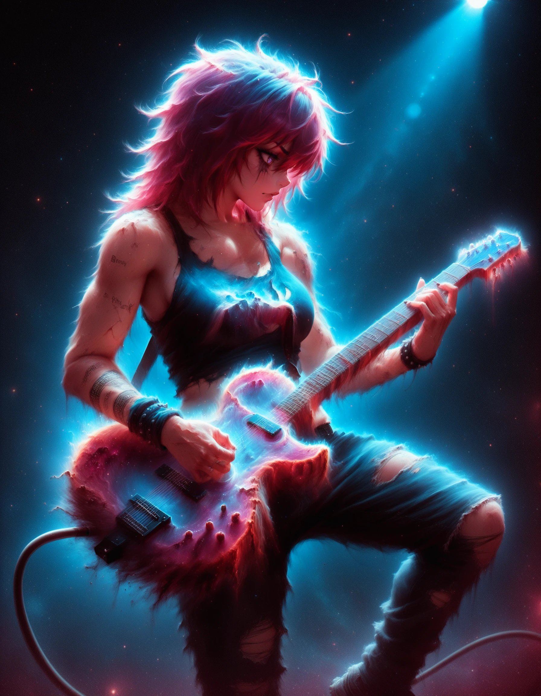 <lora:Space_Nebula_IL:0.9> mad-nbla, punk rocker playing guitar, (masterpiece:1.2), best quality