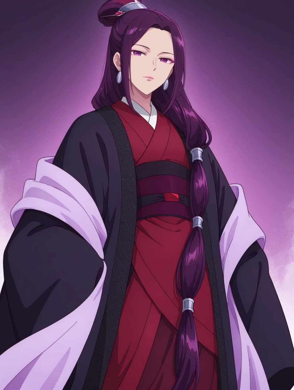 1girl,cowboy shot,
ywad,purple hair,hair ornament,hair stick,hair bun,long hair,purple eyes,pink eyeshadow,parted bangs,hair over shoulder,low-tied long hair,pink lips,earrings,red hanfu,pink shawl,purple sash,black robe,
looking at viewer,,<lora:ywadov2_noob:1>