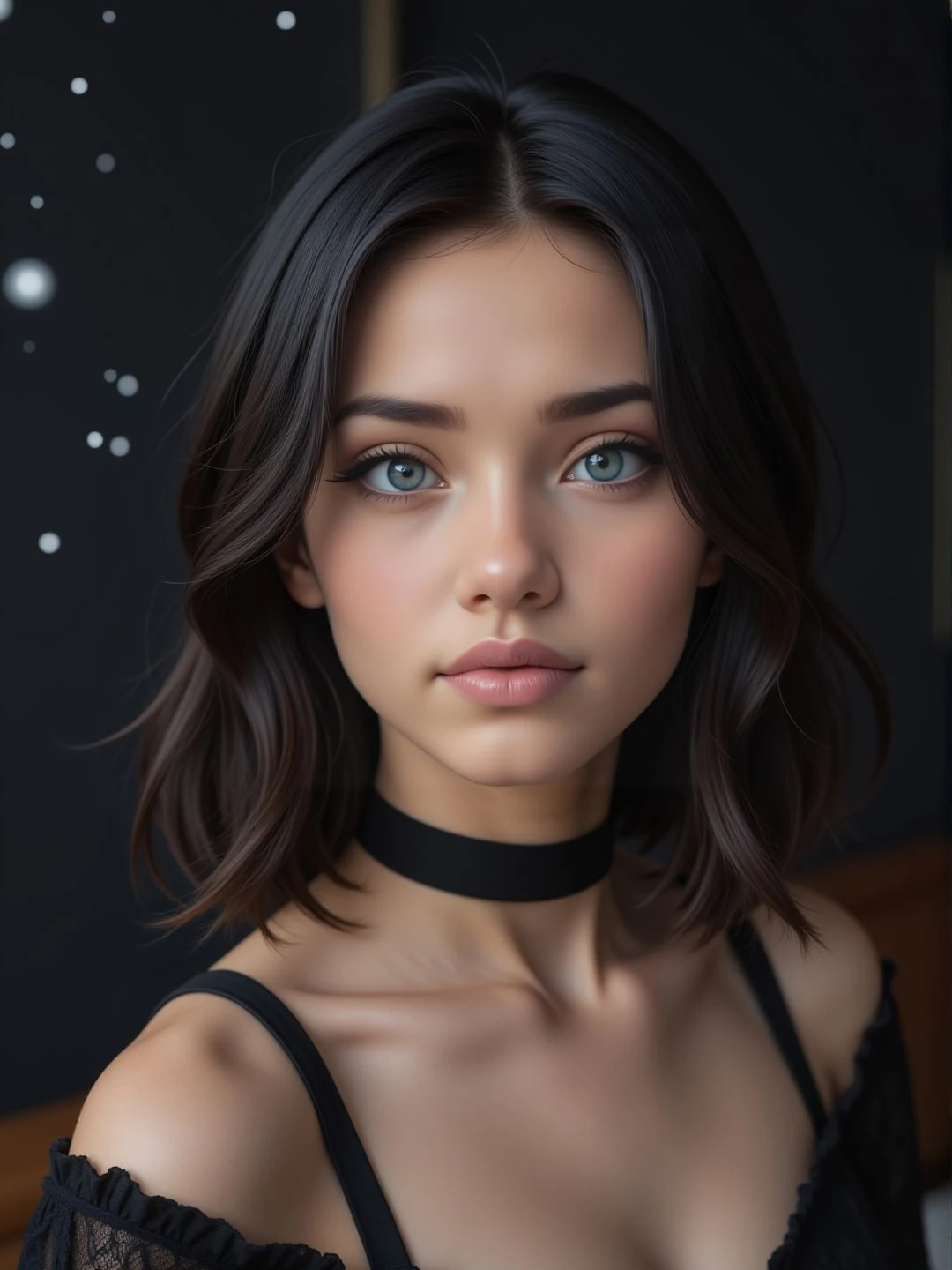 Sharp image, 4K, close up portrait of a young elegant woman. She is looking at the viewer and wearing a dress and a choker. Eyeliner. There is a black wall behind her and magical floating particles., <lora:woomy-1-flux:1> blue eyes, black hair, medium hair,