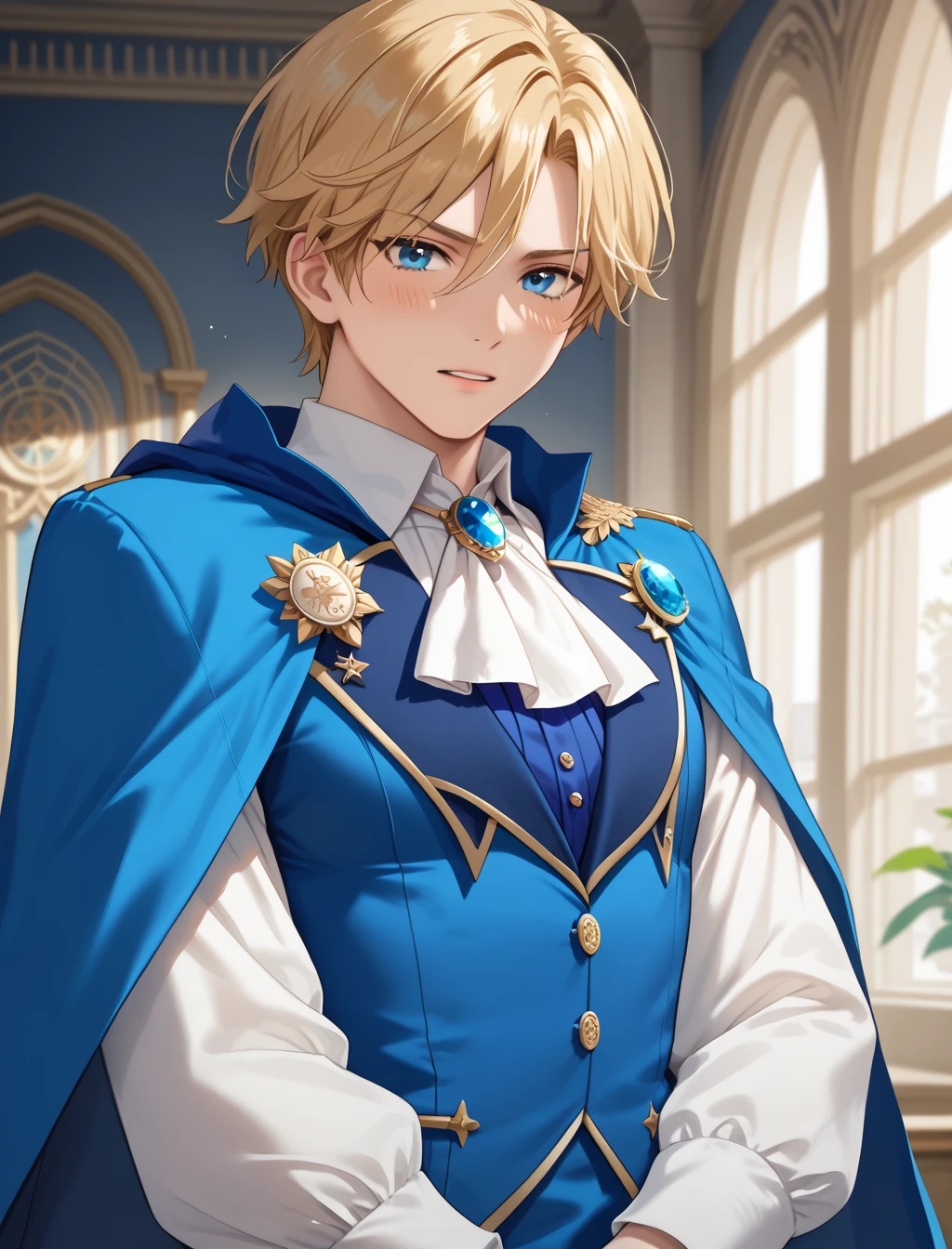 score_9, score_8_up, score_7_up, score_6_up, score_5_up, score_4_up BREAK, ouji fashion, 1boy, blue eyes, blonde hair, short hair, white shirt, brooch, ascot, blue vest, cape, (masterpiece, best quality, high quality, highres, ultra-detailed, top quality, official art), anime style, rating_safe