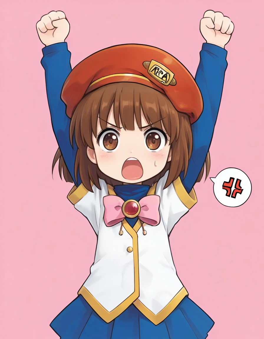 <lora:PuyoArleY_SDXL_Illustrious_fp16_ver08:1>,PuyoArleYD,1girl,solo,brown hair,brown eyes,vests,red beret, pink bow,buttons,blue skirt,angry,spoken anger vein,arms up,solid oval eyes,open mouth