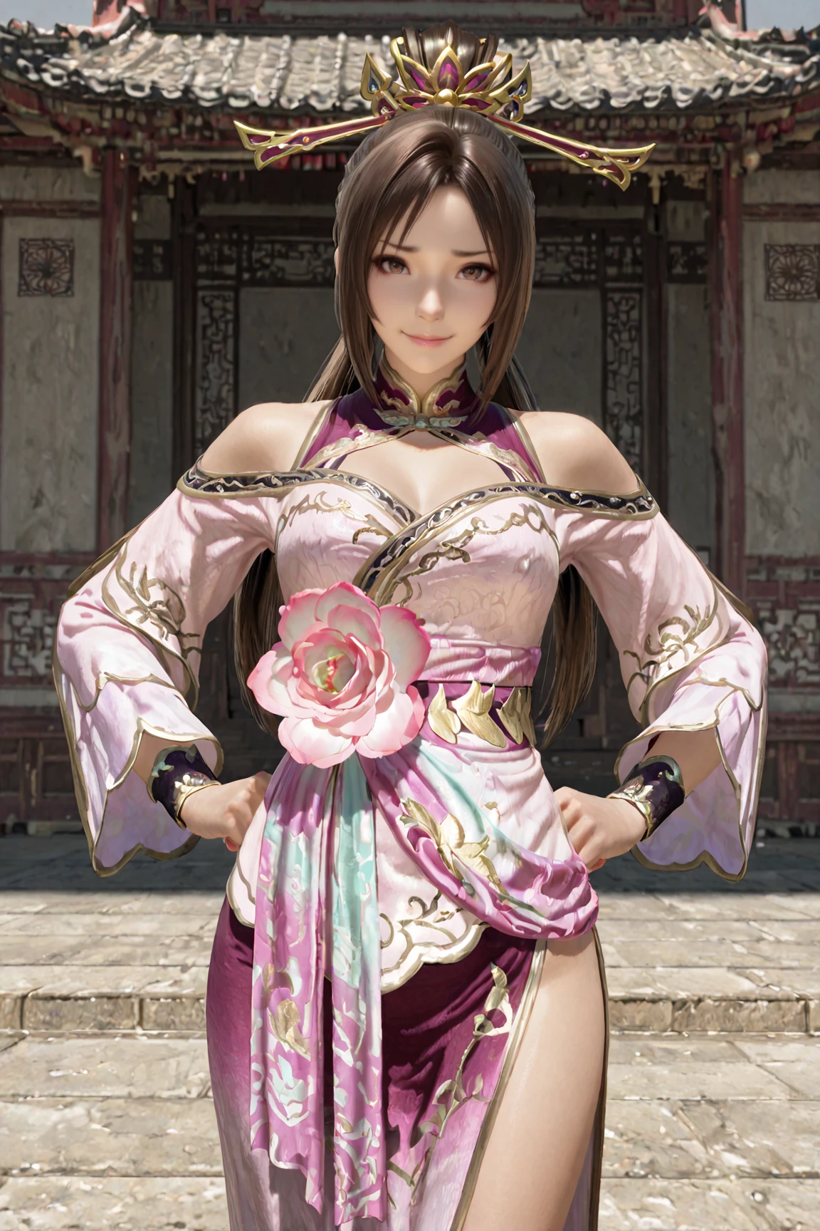 masterpiece, best quality, absurdres, realistic, looking at viewer, Standing with hands on hips, cute, confident expression, <lora:Diaochan_Dynasty_Warriors_IL:0.8> diaochan, 1girl, solo, long hair, brown hair, hair ornament, dress, flower,