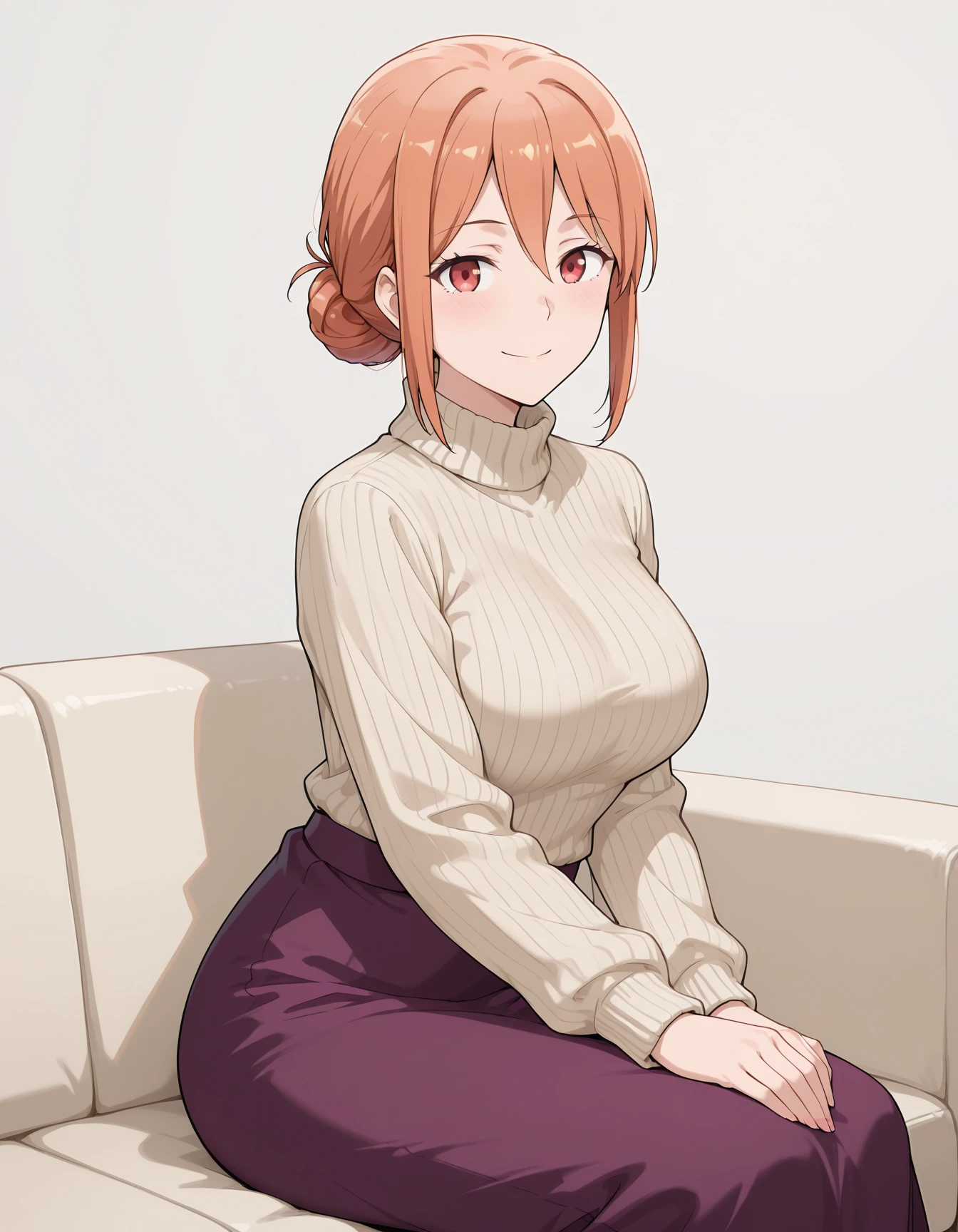 masterpiece,best quality,amazing quality,very aesthetic,absurdres,newest,uncensored,aax,
BREAK
1girl,<lora:MTRCS_Mother Yuigahama:0.6>mother yuigahama,orange hair,red eyes,single hair bun,(big breasts:0.3),adult,mature_female,
yellow turtleneck sweater,stripes sweater,purple long skirt,
BREAK
solo,looking at viewer,sitting,smile,
simple background,gray background,sofa,from_side,dynamic_angle,
masterpiece,best quality,amazing quality,very aesthetic,absurdres,newest,