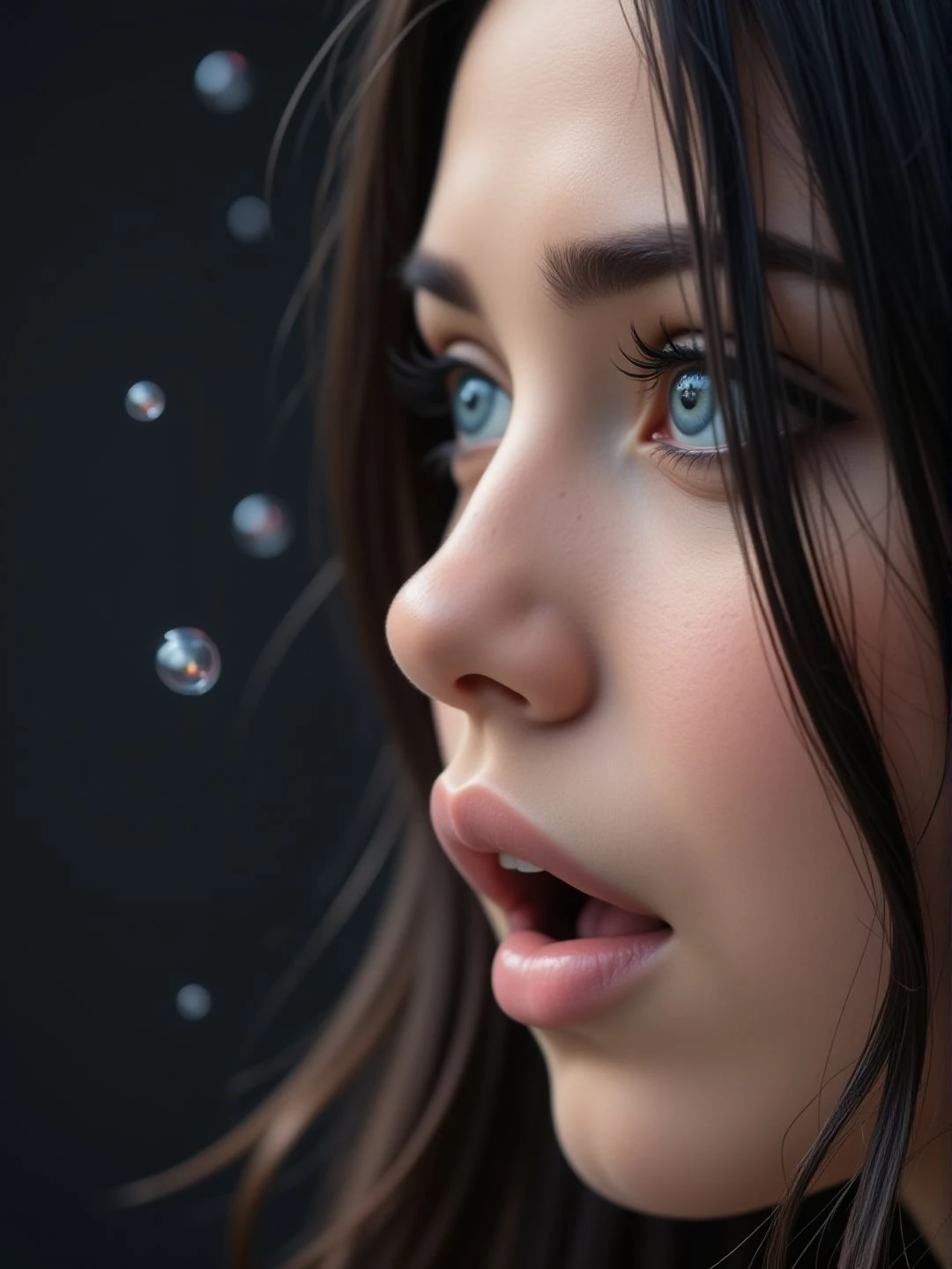 Sharp image, 4K, close-up young woman face. Surprised, wide open mouth. Eyeliner. There is a black wall behind her and magical floating particles. semi side view. <lora:woomy-1-flux:1> blue eye, black hair,