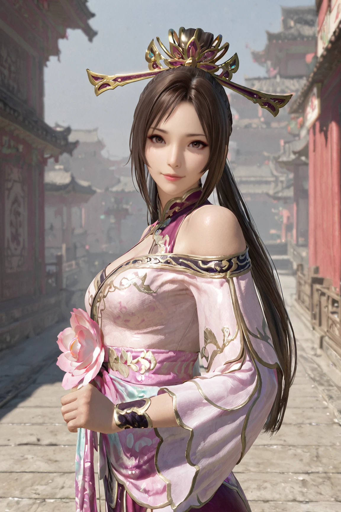 masterpiece, best quality, absurdres, realistic, looking at viewer, Dancing like a robot, <lora:Diaochan_Dynasty_Warriors_IL:0.8> diaochan, 1girl, solo, long hair, brown hair, hair ornament, dress, flower,
