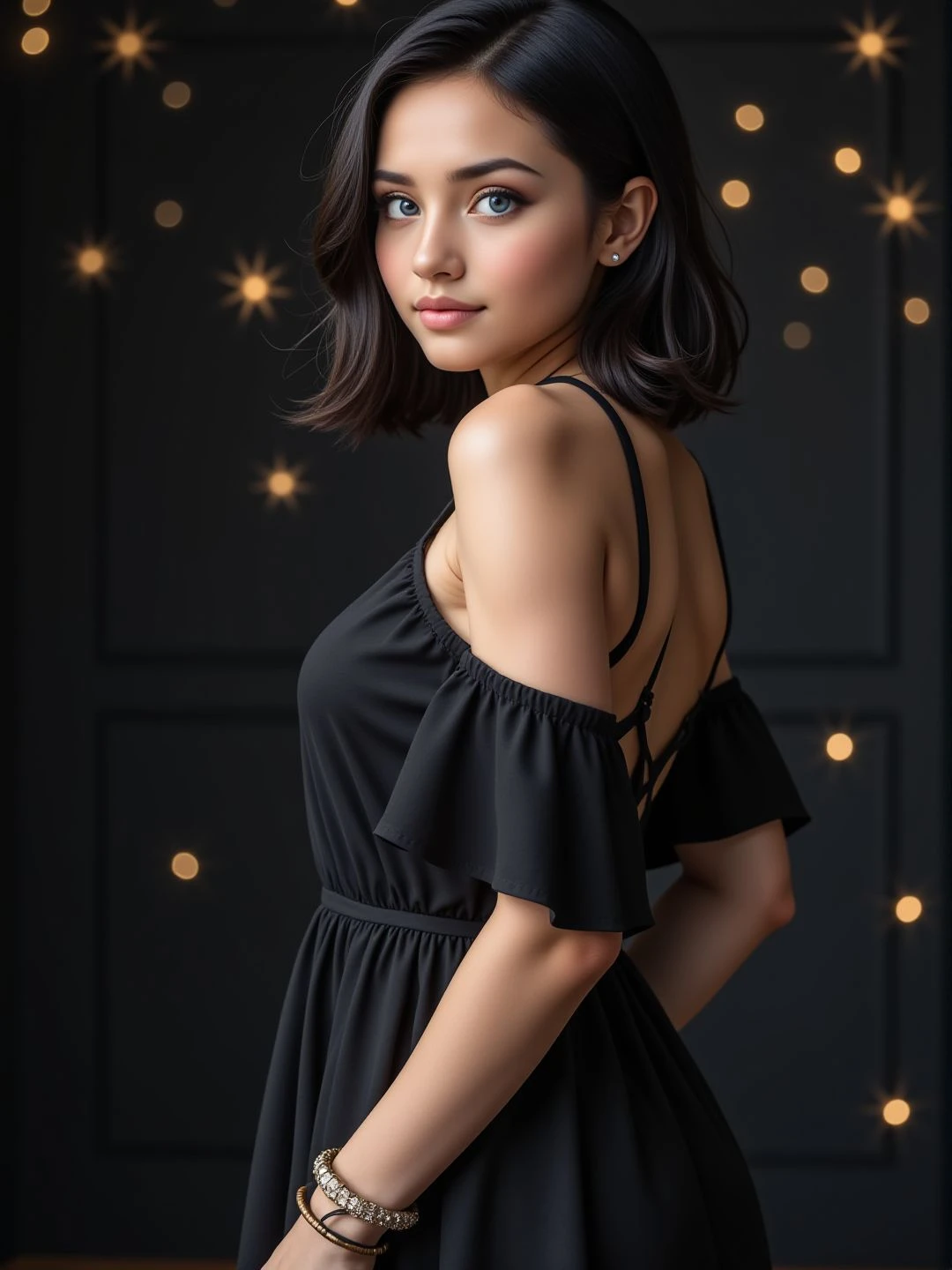 Sharp image, 4K, detailed photography of a standing young woman. Low angle, from below. Close-up. Back. She is looking back at the viewer and wearing an elegant dress. Surprised. Bracelet. Detached sleeves. Dynamic pose. Design nails. Seductive, flirtatious. There are a black wall behind her and magical floating particles. Cute smile., <lora:woomy-1-flux:1> blue eyes, black hair, medium hair,