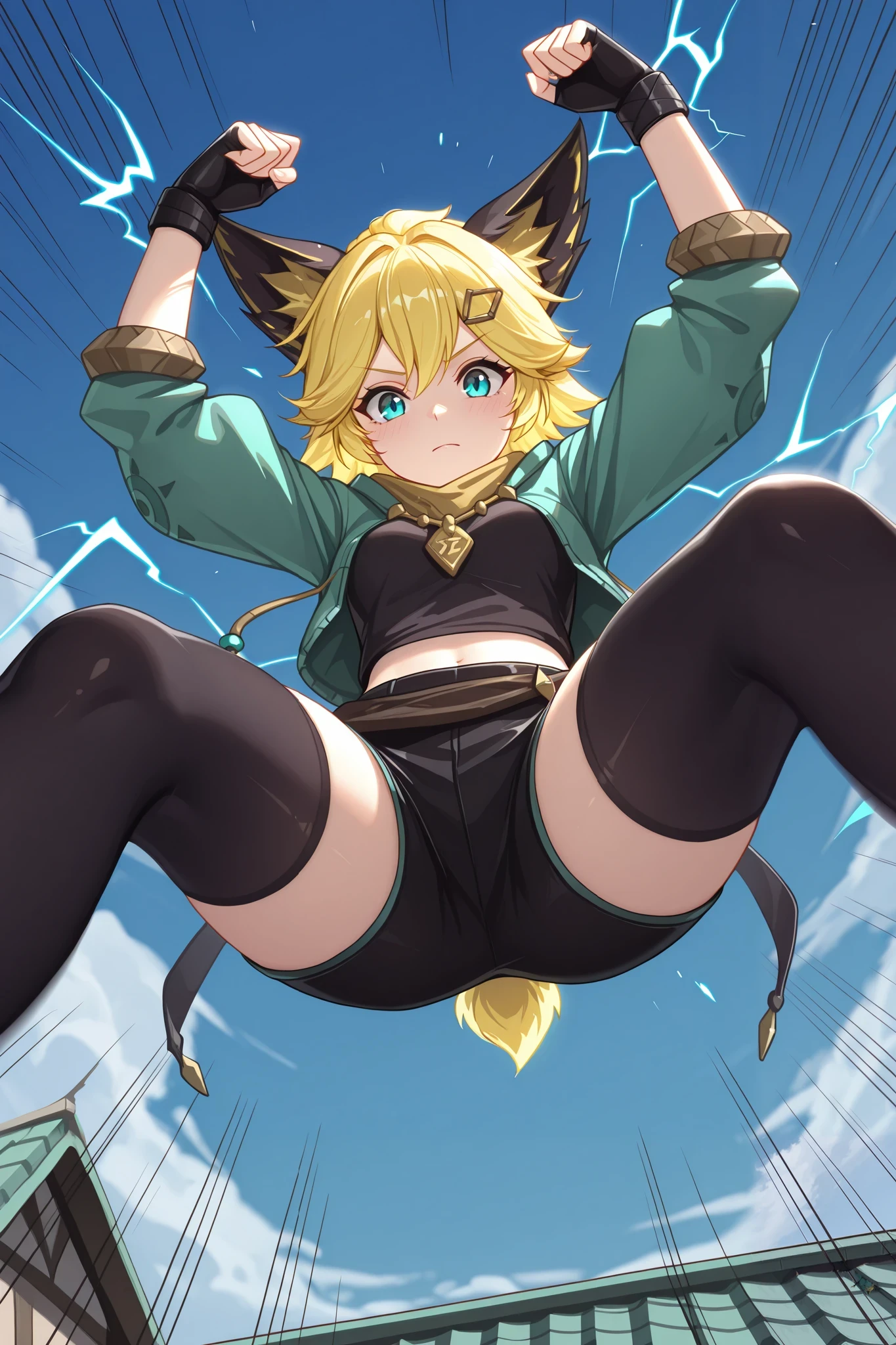 joy_mlbb, masterpiece, best quality, ultra-detailed, highres, absurdres, solo, 1girl, yellow hair, short hair, aqua eyes, animal ears, short tail, green jacket, open jacket, black shorts, black thighighs, fingerless gloves, mid-air pose, leaping over obstacle, hair flowing, speed lines, extreme foreshortening, from below, village rooftop, dynamic composition, high energy , electricity
