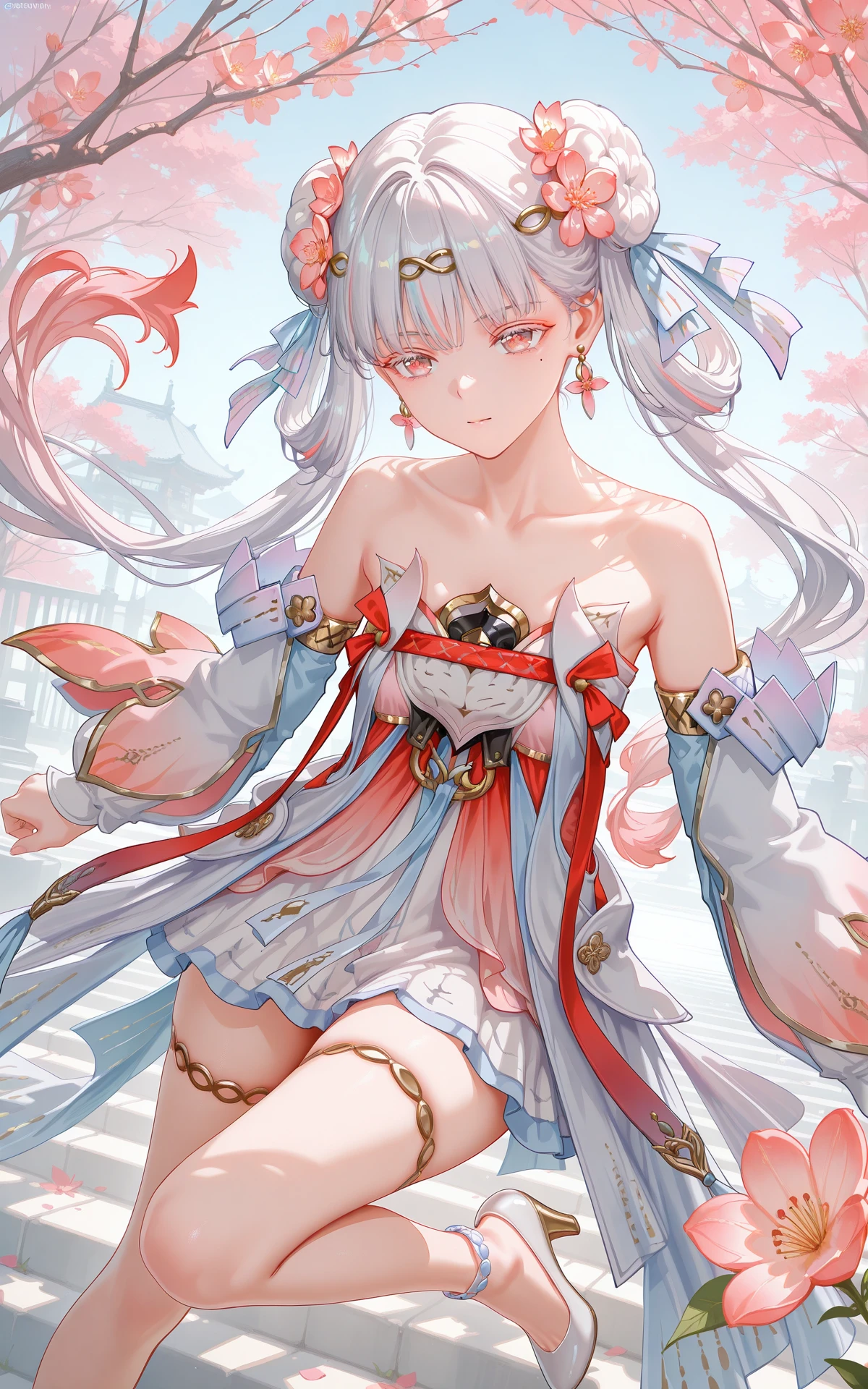 <lora:xl-ill-jinhsi_TYZZ(wuthering waves)v1-000010:1>,8k,best quality,masterpiece,(ultra-detailed),(high detailed skin),((artist:reoen),(artist:fuzichoco),(artist:atdan),(artist:torino_aqua),year 2024:0.8),[artist:wlop],[artist:ningen_mame],artist:ciloranko,[[artist:rhasta]],artist:tidsean,colorful,
jinhsi:TaoYaoZhuoZhuo\(wuthering waves\),1girl,solo,red eyes,amorous eyes,mole,mole under eye,flower,peach blossom,hair bun,double bun,hair ornament,hair flower,hair ribbon,ribbon,jewelry,grey hair,long hair,earrings,
collarbone,bare shoulders,armlet,dress,detached sleeves,thighlet,white footwear,high heels,anklet,