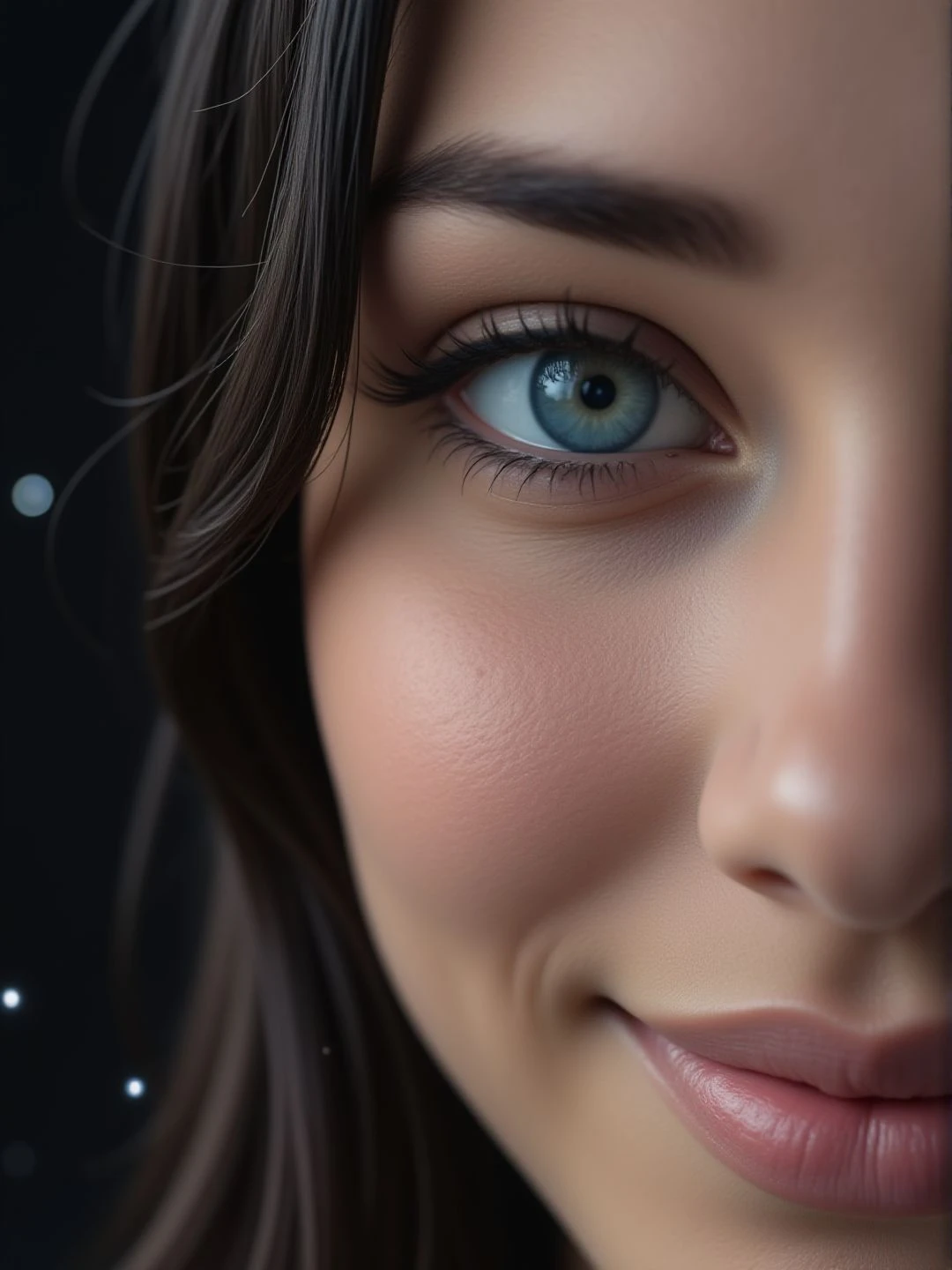 Sharp image, 4K, close-up shot of a young woman eye. Smiling, lips. Eyeliner. There is a black wall behind her and magical floating particles., <lora:woomy-1-flux:1> blue eye, black hair,