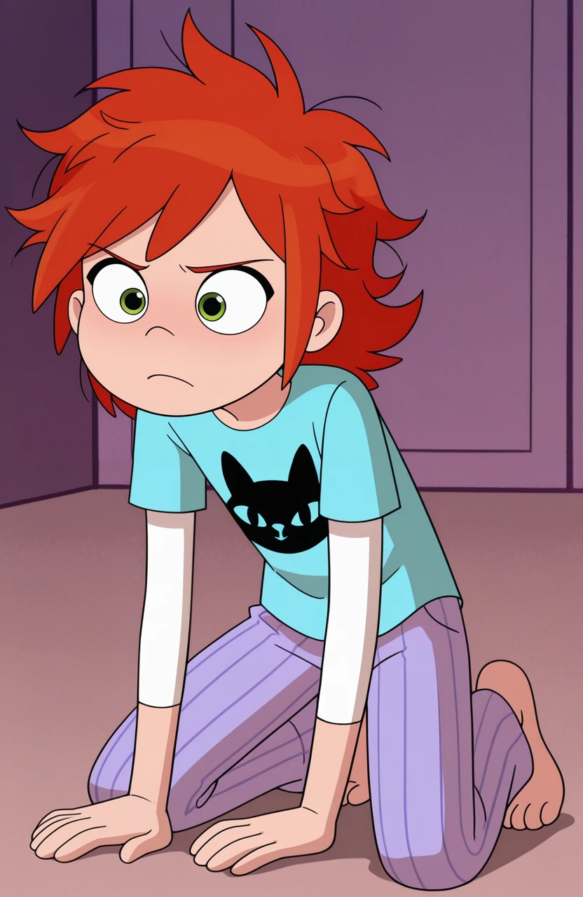 masterpiece, best quality, 1girl, solo,
<lora:Gwen2016:1> gwen2016, orange hair, green eyes, kneeling, one hand on ground, one hand raised, looking forward, eye visible, detailed hands, dynamic pose, determined expression,
messy hair, pajamas, striped pants, short over long sleeves, aqua shirt, white sleeves, cat print, print shirt, barefoot, purple pants