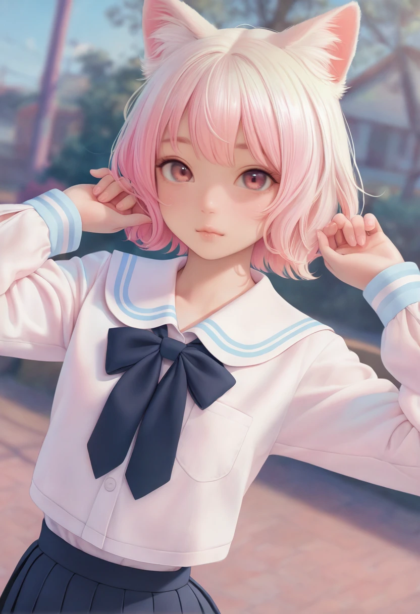 masterpiece, best quality, amazing quality, very aesthetic, high resolution, ultra-detailed, absurdres,
(a cute girl with cat ears, big innocent eyes, wearing school uniform), (2.5D style, semi-realistic anime style, pastel colors, cute and innocent)