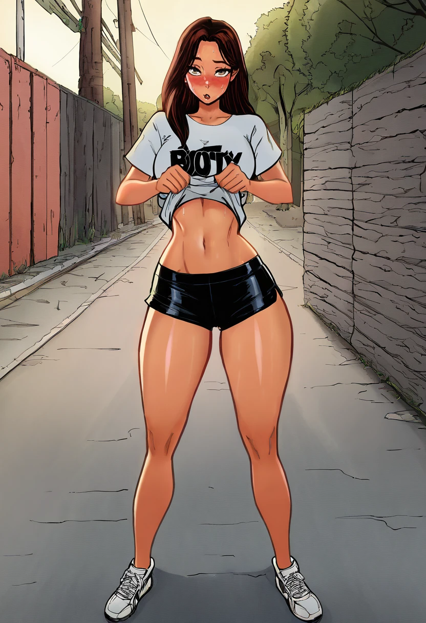 masterpiece, best quality, amazing quality, very aesthetic, absurdres, newest,
<lora:J._Scott_Campbell_Style-IL:1> jsc, 1girl, long hair, brown hair, parted bangs, baggy t-shirt, loose clothes, booty shorts, tan, thick thighs, sneakers, outdoors, looking at viewer, round thighs, soft skin, blush, clothes lift, lifting shirt, navel, sweat,